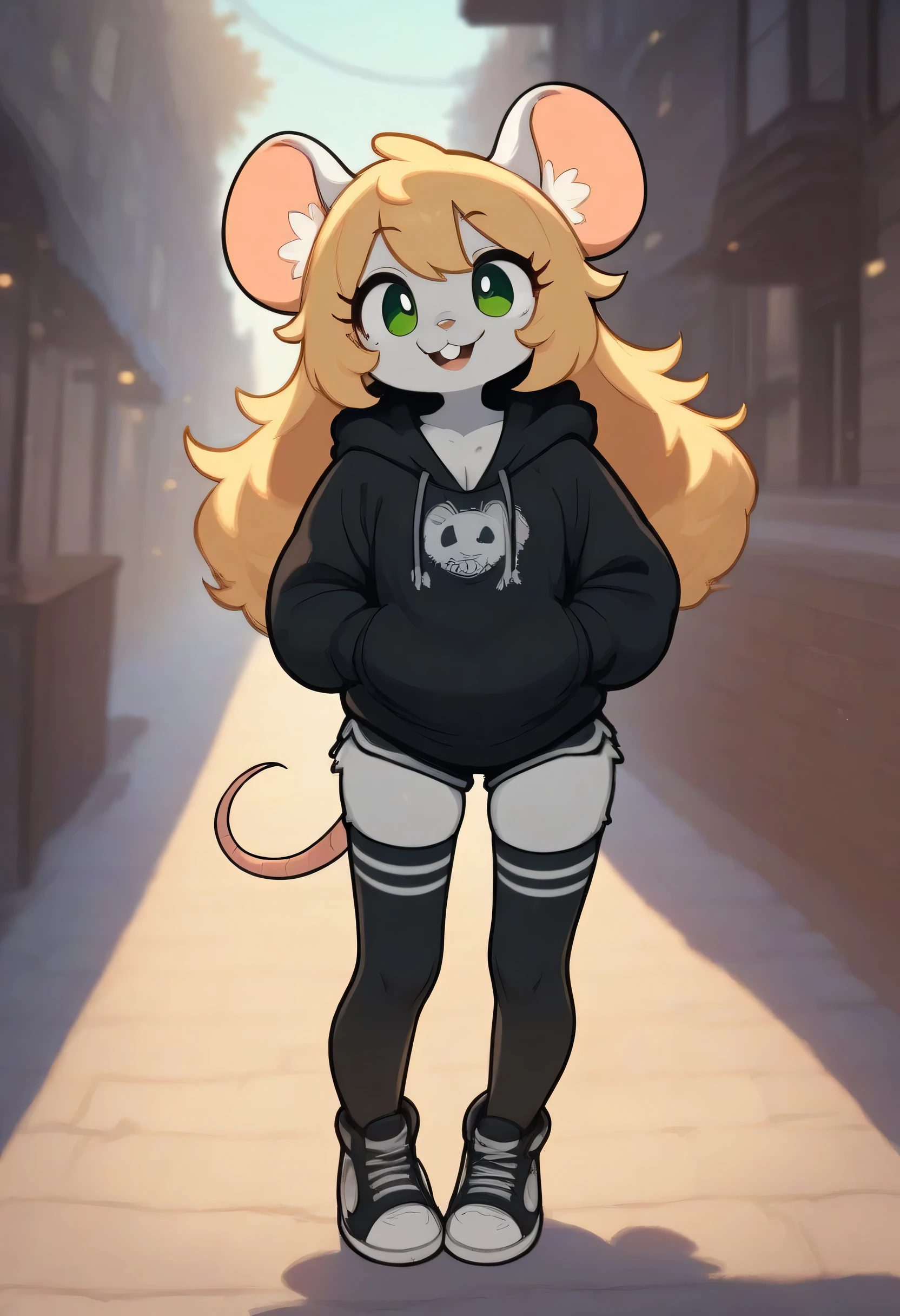 outdoors,
Chloe,1girl,solo,long hair,blonde hair,animal ears,green eyes,furry female,mouse ears,mouse girl,mouse tail,body fur,white fur,bangs,animal nose,buck teeth, 
full body, smile, long eyelashes, 
hoodie, shorts, thighhighs, 
 sexy clothes, cleavage, thigh, shorts, sexy