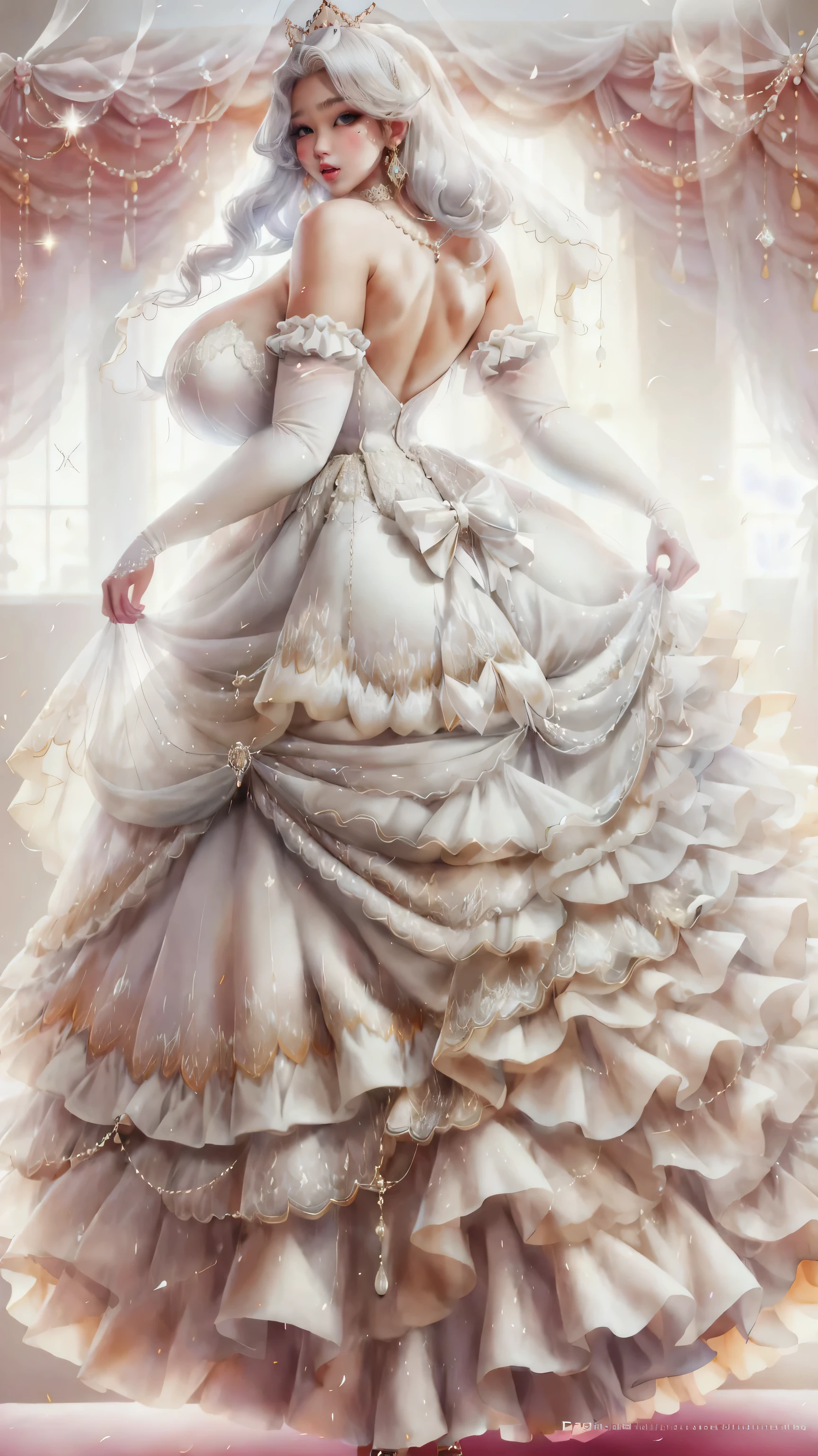 POV from back behind the back body Full body of my wife from behind Attractive dressing Beautiful colorful longer hairs,perfect facial features of well dressed in bedroom empty hand's ,looks like gorgeous wife giving a erotic pose wearing princess wedding gown dress, added anime stockings ((with big body curves, attractive queen diamond crown full dressed white clothing,bouncy breasts:2.4 thin waist,big wide hips , perfect suitable view)) wearing necklaces with princess sexy attractive long frock clothes full body clothing wedding white bride clothes added coastly stockings flowen net design frock