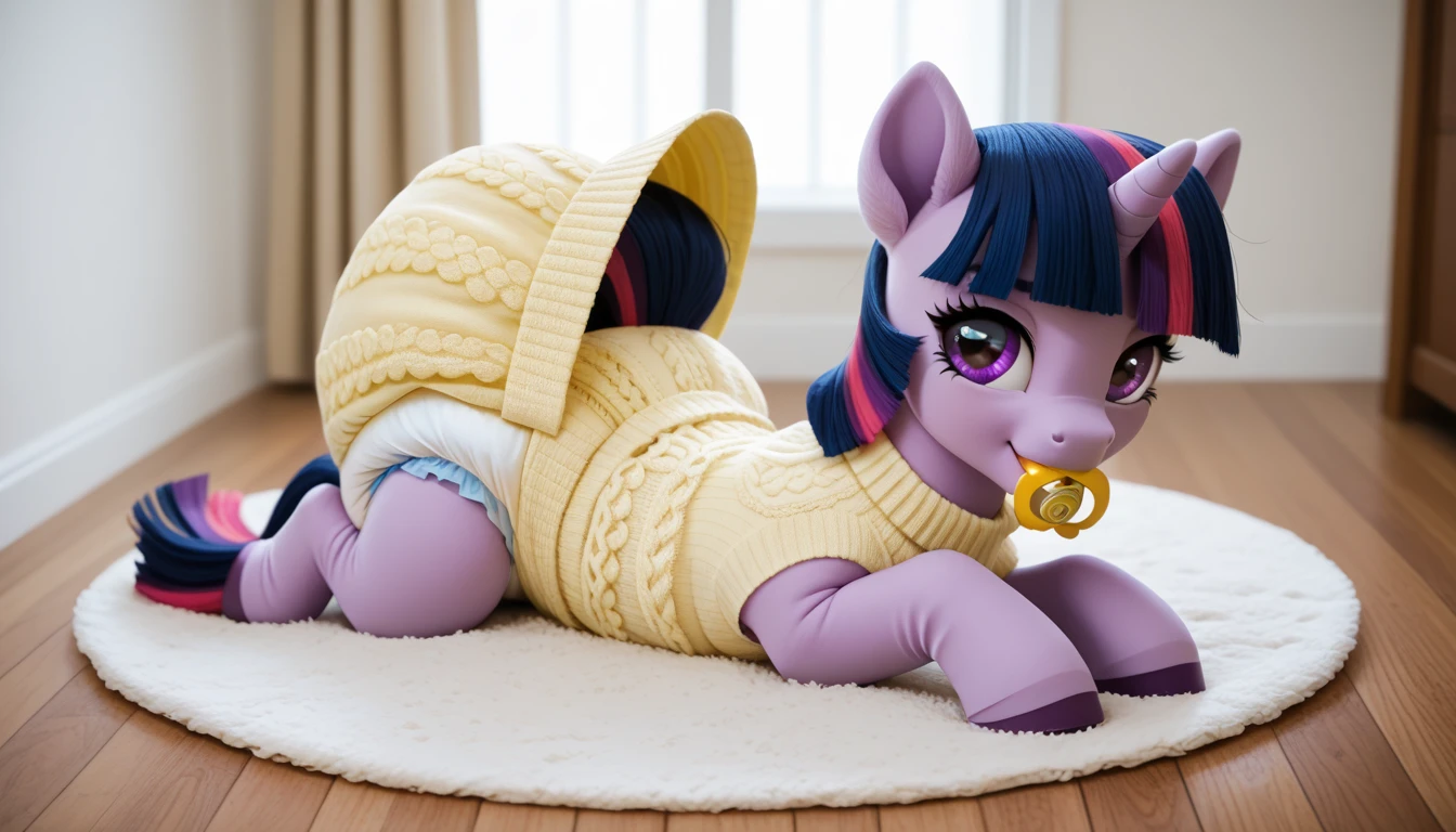 pony unicorn alone ,  Twilight Sparkle, filly , mane, gathered in a yellow bonnet,  dark blue tail with a purple strand and a pink strand,  purple eyes, sits in the room on a soft play mat, dressed in a yellow sweater and yellow booties, yellow pacifier in mouth, solo, thick diaper under clothes. 