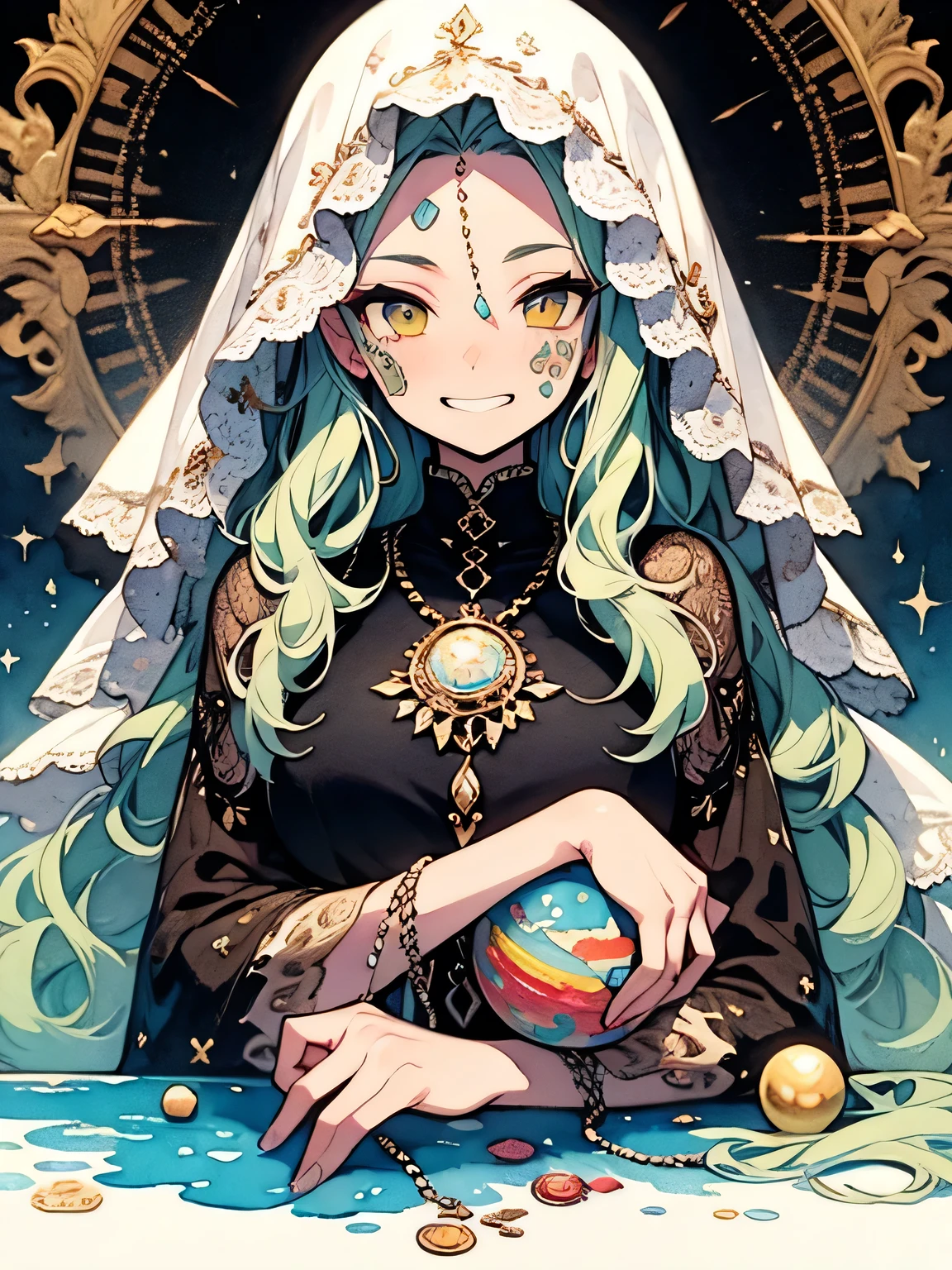 (dutch angle), solo, (upperbody), mint green wavy hair:1.3, (silver Forehead Chain Veil:1.2), golden eyes, snake medusa, old female, fortune teller face mask veil, grin, western fortune teller, offshoulder black fortune teller costume: 1.2, Beautiful breasts crystal ball, fortune telling, like a painting, watercolor painting style, The Art of Mathematics, Official Art, Masterpiece, beautiful, ((watercolor)), paint splashes , complex details. very detailed, [Drooping:0.7],