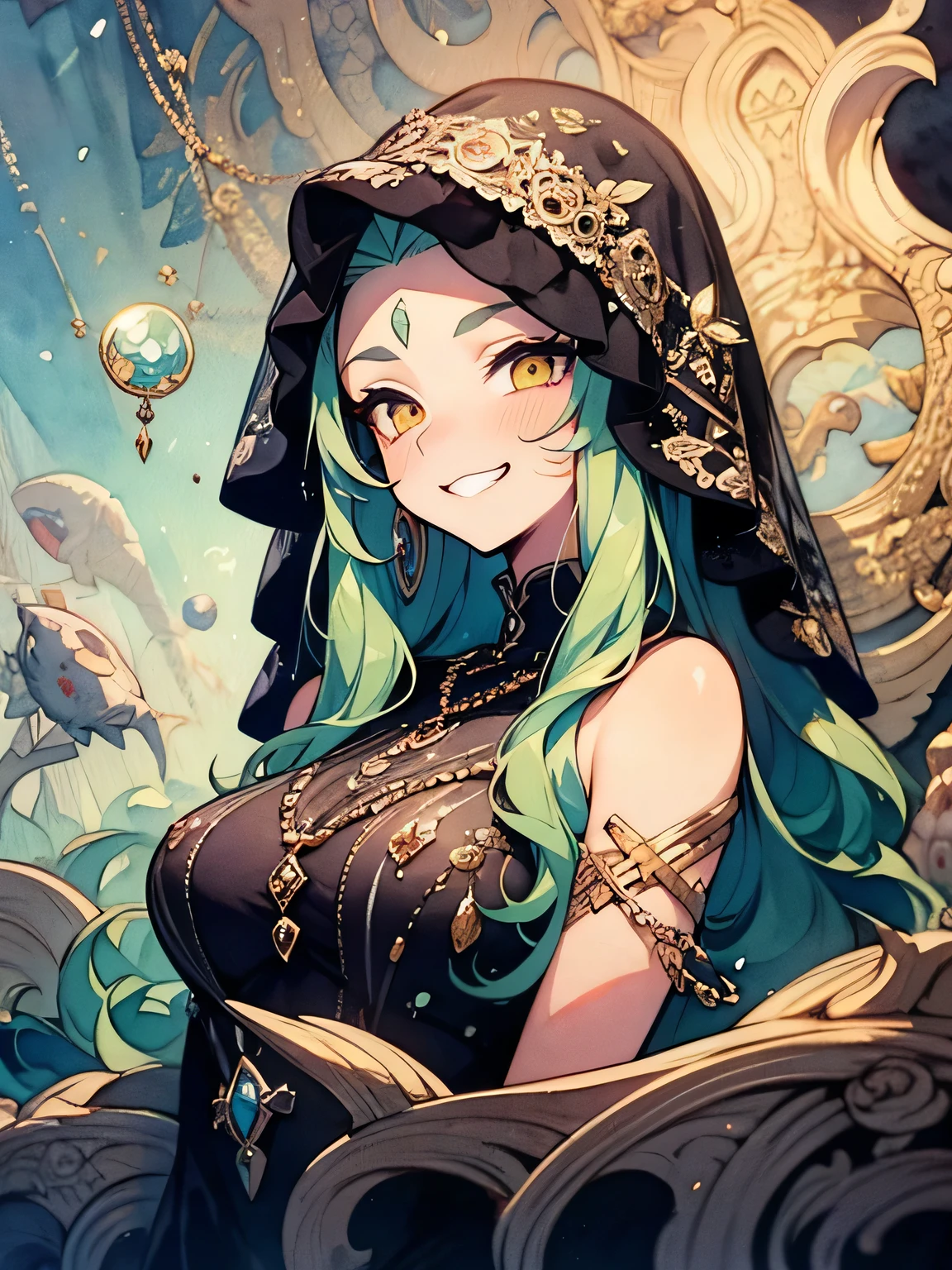 (dutch angle), solo, (upperbody), mint green wavy hair:1.3, (silver Forehead Chain Veil:1.2), golden eyes, snake medusa, old female, fortune teller face mask veil, grin, western fortune teller, offshoulder black fortune teller costume: 1.2, Beautiful breasts crystal ball, fortune telling, like a painting, watercolor painting style, The Art of Mathematics, Official Art, Masterpiece, beautiful, ((watercolor)), paint splashes , complex details. very detailed, [Drooping:0.7],