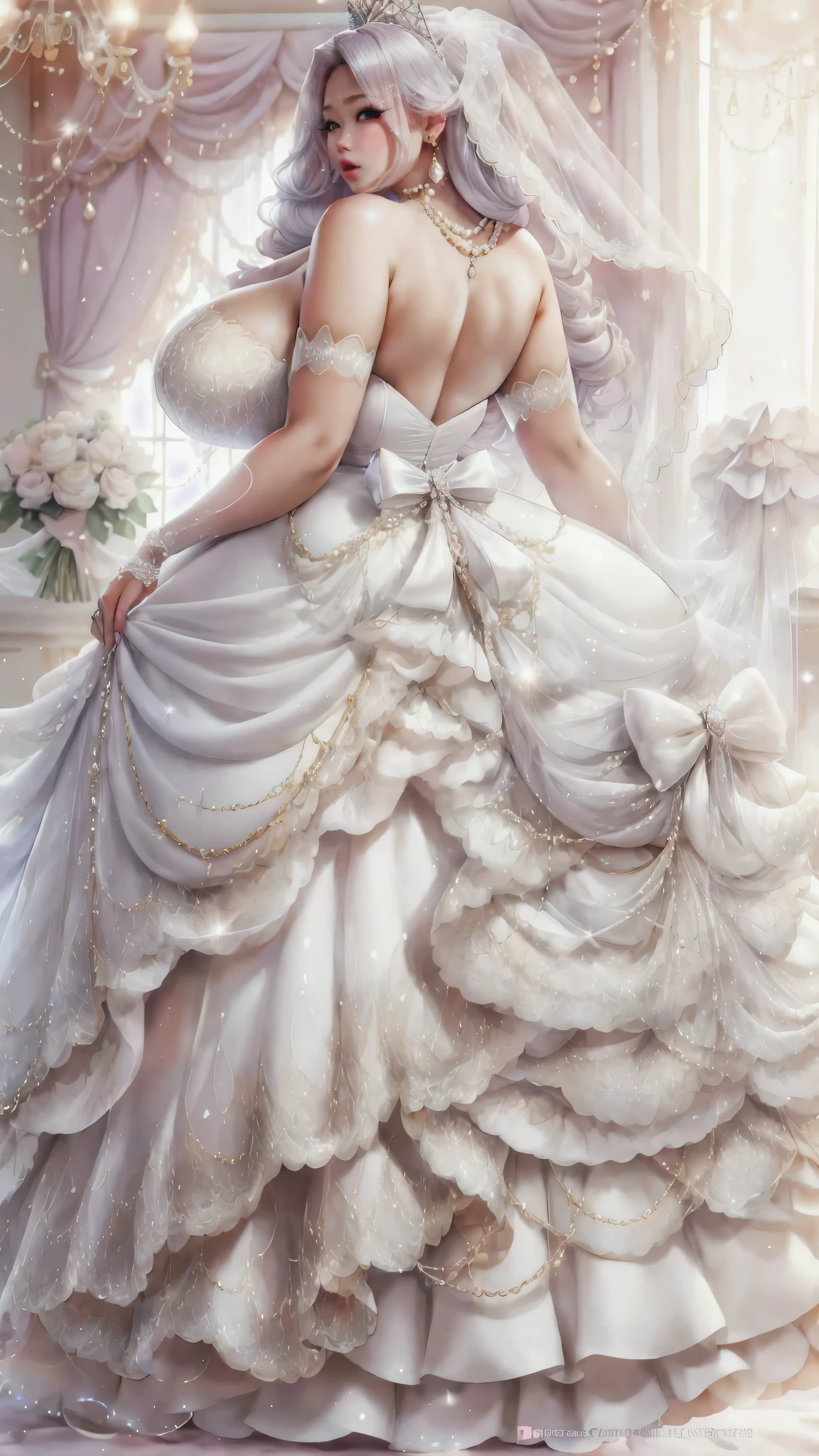 POV from back behind the back body Full body of my wife from behind Attractive dressing Beautiful colorful longer hairs,perfect facial features of well dressed in bedroom empty hand's ,looks like gorgeous wife giving a erotic pose wearing princess wedding gown dress, added anime stockings ((with big body curves, attractive queen diamond crown full dressed white clothing,bouncy breasts:2.4 thin waist,big wide hips , perfect suitable view)) wearing necklaces with princess sexy attractive long frock clothes full body clothing wedding white bride clothes added coastly stockings flowen net design frock