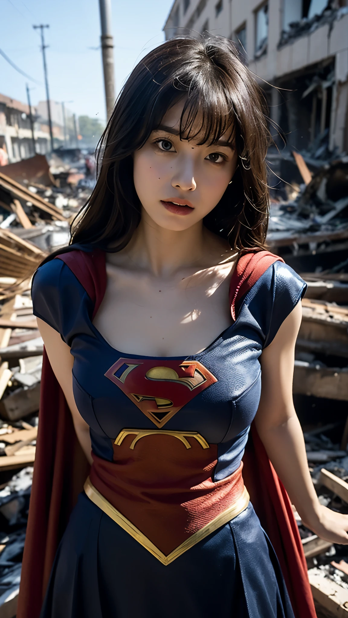 Hinata Hyuuga (naruto) x supergirl, Sozinho, corpo todo, Corpo sedutos, detalhado, realista, female, efeito do poder da raiva, perfect lighting, sombra perfeita, Hinata Hyuuga (naruto) x supergirl, In the middle of the destroyed city, sitting in the destroyed building.