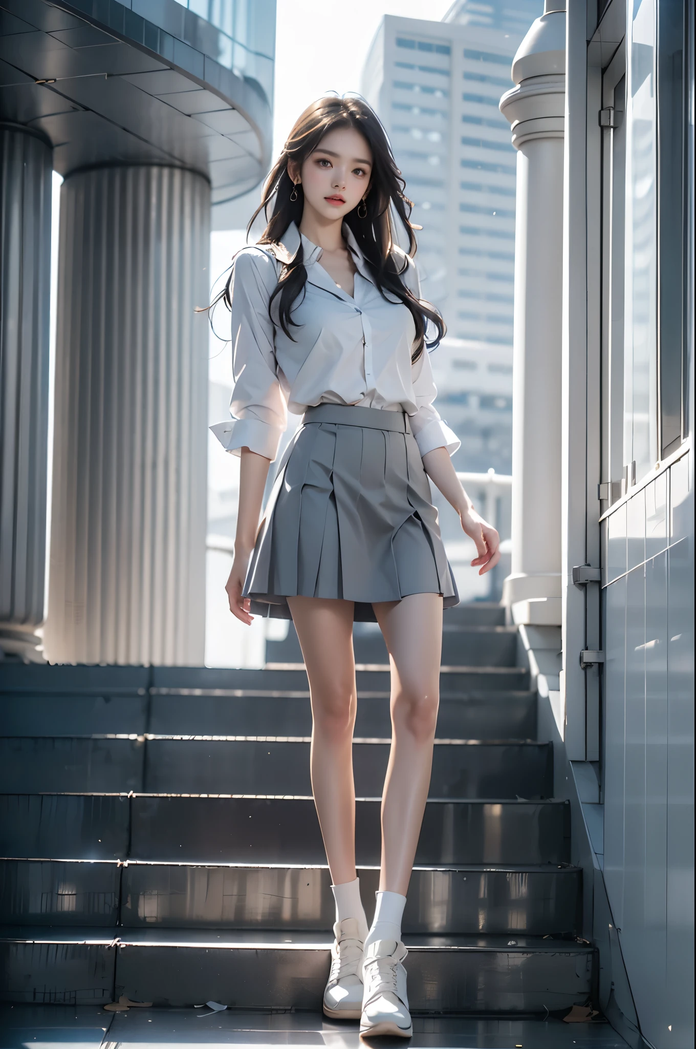 school uniform, grey skirt, grey sweater, shirt, tie, short sleeves, socks, boots ((full body:1.4)), ((from below:1.2)), (photorealistic:1.4), 1 young woman, (Full chest, visible cleavage, very short hemline, revealing smooth thighs, correct and beautiful leg shape), beautiful asian female, sitting on outdoor stairs, looking forward or slightly toward camera with natural expression, long slender legs prominently displayed, shot from low angle upward perspective, clear blue sky with floating white clouds, architectural bridge structure visible, urban environment,cinematographic, professional photography, sharp focus, golden hour lighting, soft shadows, detailed skin texture, hyperrealistic, 85mm lens, F2.8, perfect composition, ultra detailed