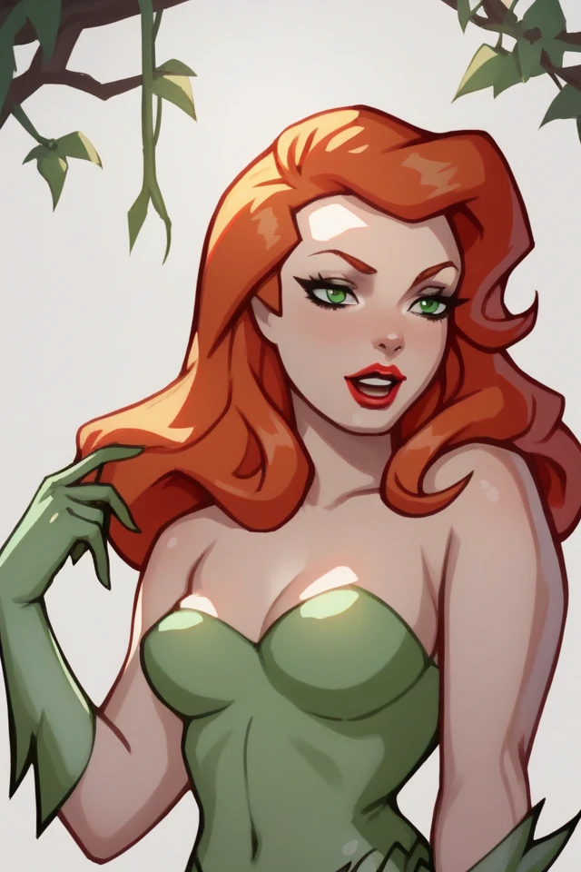 score_9, score_8_up, score_7_up,
1girls, poison ivy, green eyes, red hair, Long Hair, green clothing, green gloves, red lipstick
