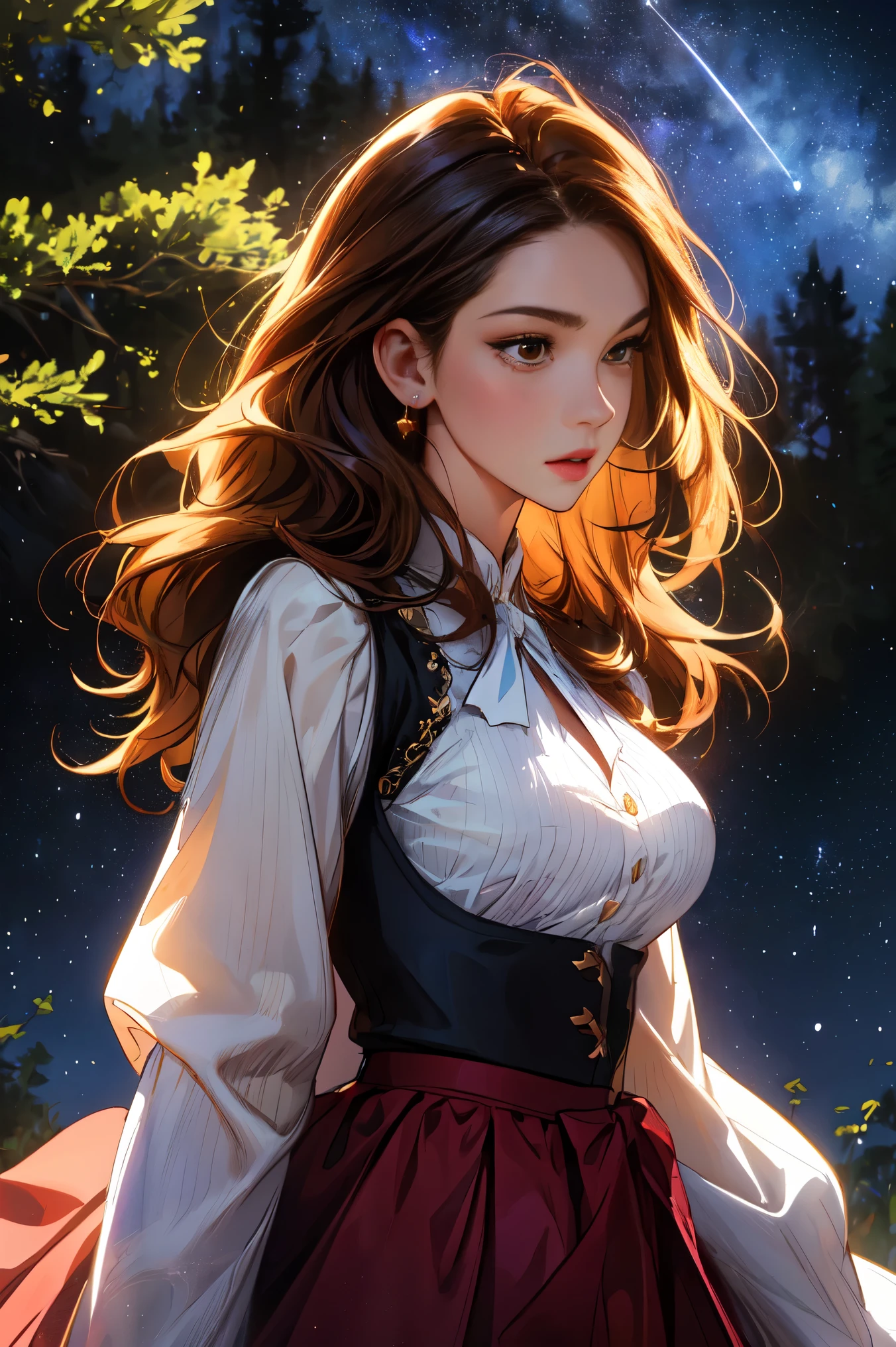 ( Extremely Detailed CG Unity 8K Wallpaper , masterpiece,  top quality,  Ultra Detailed,  vest shadow),  one beautiful girl , dark maroon long hair ,  beautiful brown eyes, Beautiful pink lips,  beautiful detailed face  ,  Big Breasts ,  anatomically accurate and beautiful figure,  High Contrast ,  long-sleeved blouse , flowing long skirt, Best lighting,  very delicate and beautiful ,  Dynamic Angle ,  Beautiful Detailed Sparkle, whole body,  ( detailed background), Forest of Trees , Night Sky,  starry sky , nebula,  shooting stars, Detailed animated illustration art including backgrounds, 