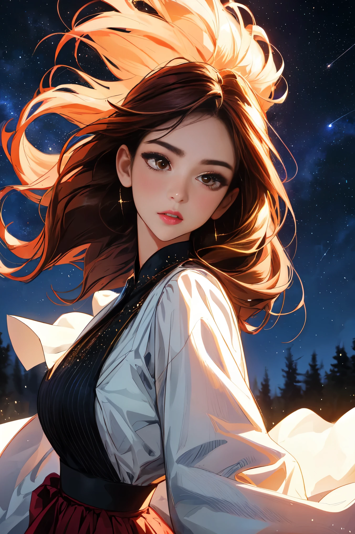 ( Extremely Detailed CG Unity 8K Wallpaper , masterpiece,  top quality,  Ultra Detailed,  vest shadow),  one beautiful girl , dark maroon long hair ,  beautiful brown eyes, Beautiful pink lips,  beautiful detailed face  ,  Big Breasts ,  High Contrast ,  long-sleeved blouse , flowing long skirt, Best lighting,  very delicate and beautiful ,  Dynamic Angle ,  Beautiful Detailed Sparkle, whole body,  ( detailed background), Forest of Trees , Night Sky,  starry sky , nebula,  shooting stars, Detailed animated illustration art including backgrounds, 