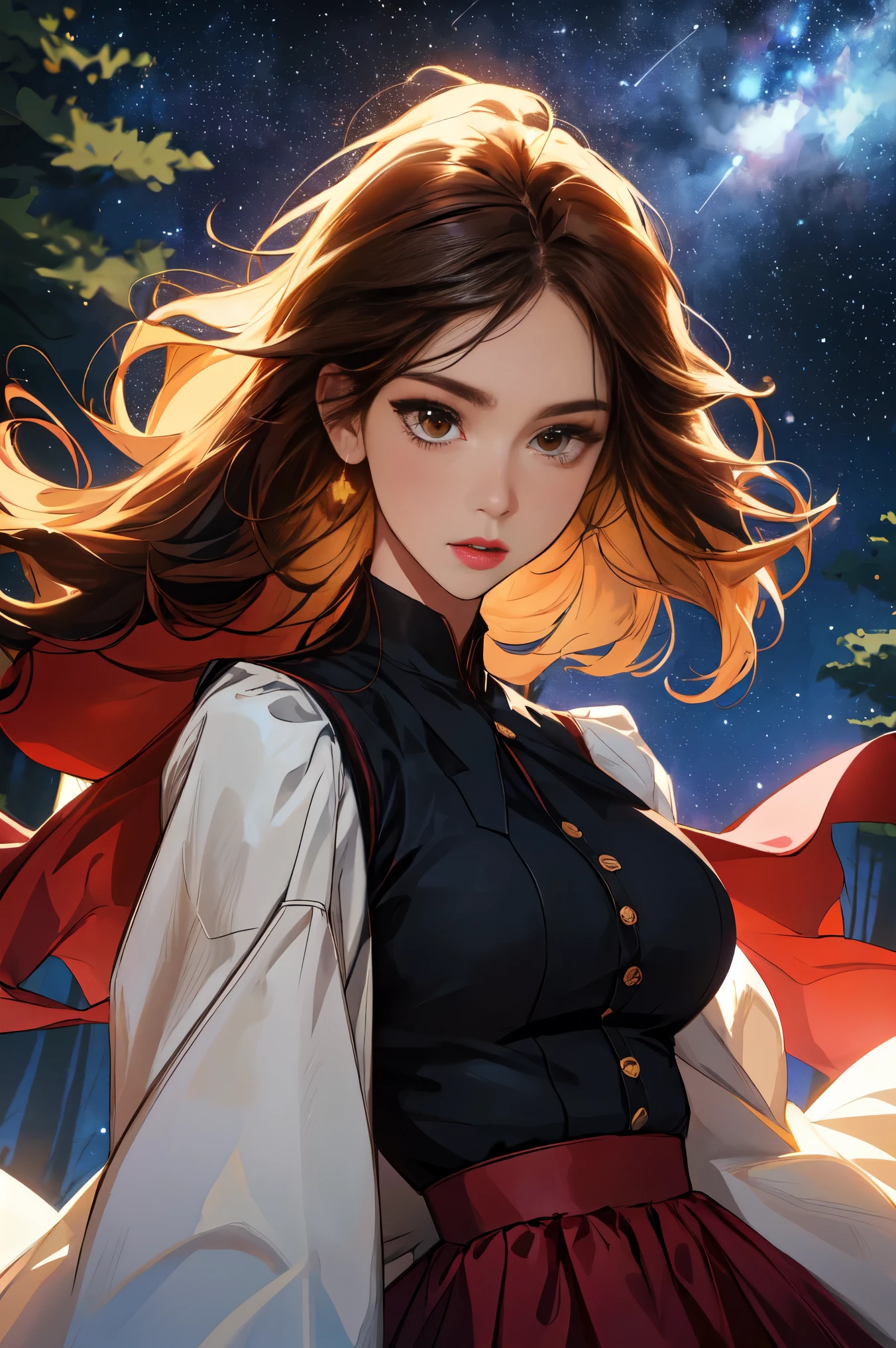 ( Extremely Detailed CG Unity 8K Wallpaper , masterpiece,  top quality,  Ultra Detailed,  vest shadow),  one beautiful girl , dark maroon long hair ,  beautiful brown eyes, Beautiful pink lips,  beautiful detailed face  ,  Big Breasts ,  High Contrast ,  long-sleeved blouse , flowing long skirt, Best lighting,  very delicate and beautiful ,  Dynamic Angle ,  Beautiful Detailed Sparkle, whole body,  ( detailed background), Forest of Trees , Night Sky,  starry sky , nebula,  shooting stars, Detailed animated illustration art including backgrounds, 