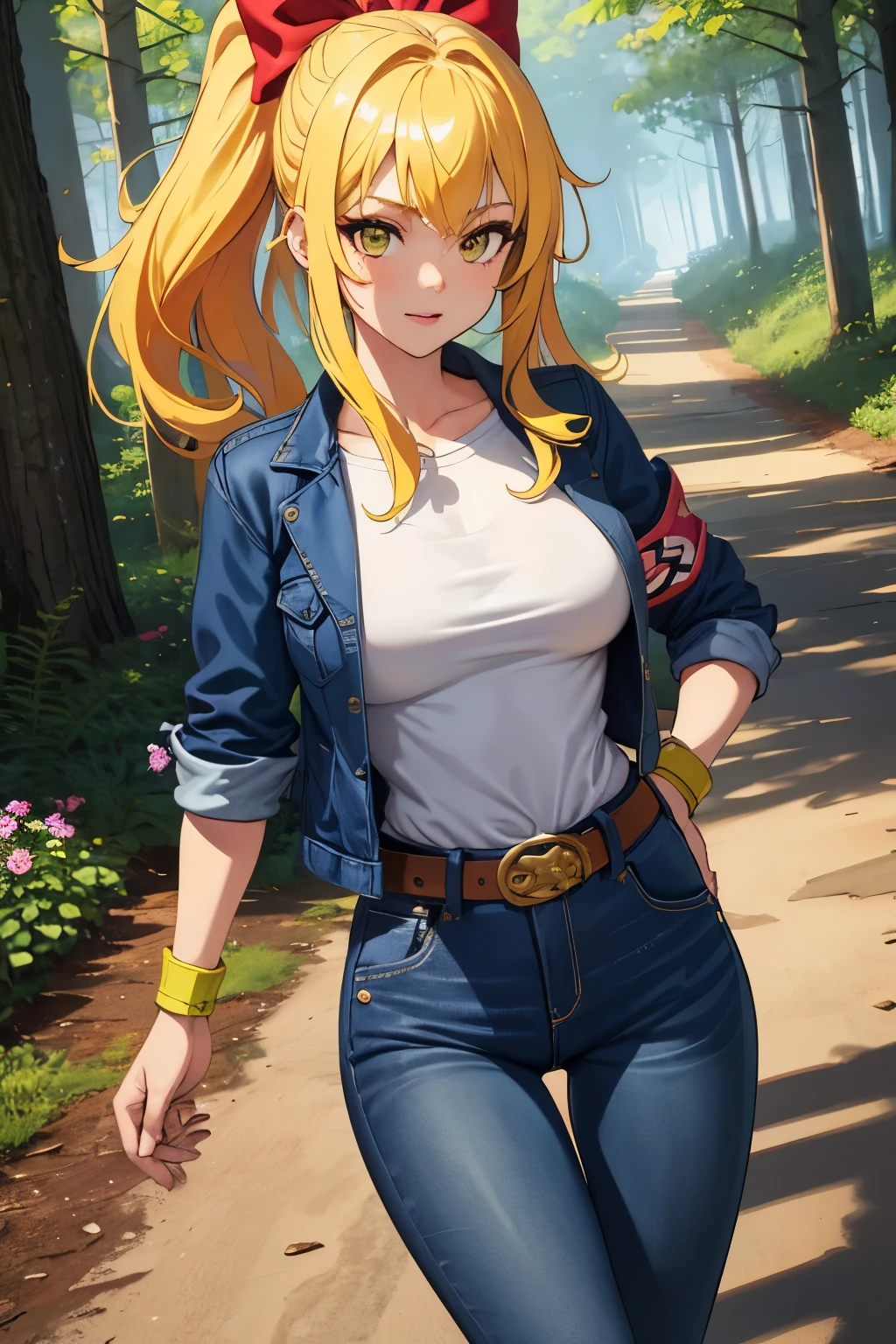 ((best quality)), ((highly detailed)), masterpiece, , (1girl), dynamic pose, cowboy shot, country girl, long hair, low twin braids, freckles, muscular, jeans, plaid shirt, tied shirt, midriff, on a farm, (outside, at a bamboo forest, afternoon), <lora:Fluorescence_1.1:1>, fluorescent skin, fluorescent hair