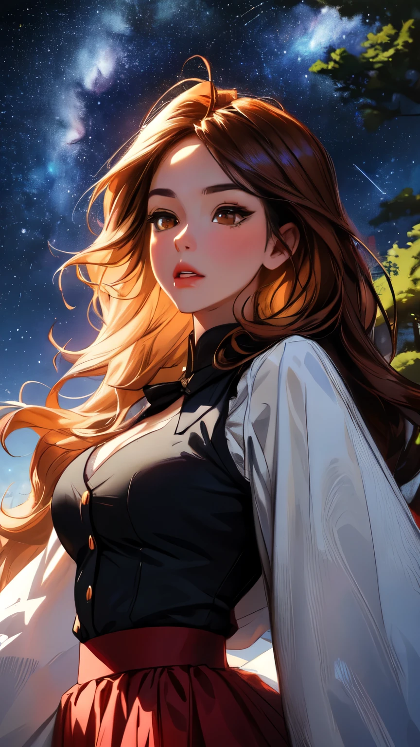 ( Extremely Detailed CG Unity 8K Wallpaper , masterpiece,  top quality,  Ultra Detailed,  vest shadow),  one beautiful girl , dark maroon long hair ,  beautiful brown eyes, Beautiful pink lips,  beautiful detailed face  ,  Big Breasts ,  High Contrast ,  long-sleeved blouse , flowing long skirt, Best lighting,  very delicate and beautiful ,  Dynamic Angle ,  Beautiful Detailed Sparkle, whole body,  ( detailed background), Forest of Trees , Night Sky,  starry sky , nebula,  shooting stars, Detailed animated illustration art including backgrounds, 