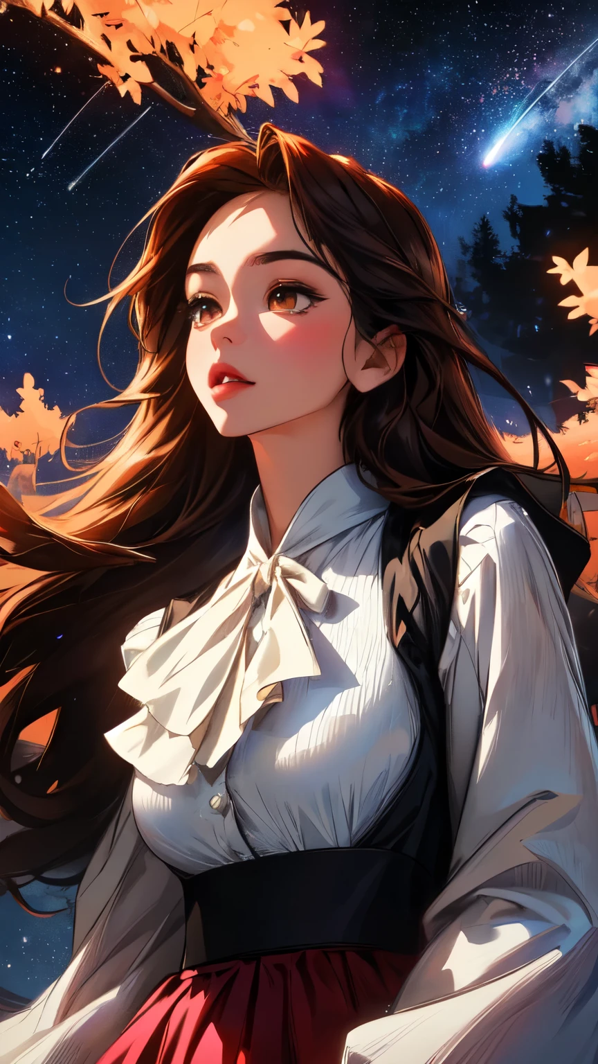 ( Extremely Detailed CG Unity 8K Wallpaper , Masterpiece ,  top quality,  Ultra Detailed,  vest shadow),  one beautiful girl , dark maroon long hair ,  beautiful brown eyes, Beautiful pink lips,  beautiful detailed face  ,  Big Breasts ,  High Contrast ,  long-sleeved blouse , flowing long skirt, Best lighting,  very delicate and beautiful ,  Dynamic Angle ,  Beautiful Detailed Sparkle, whole body,  ( detailed background), Forest of Trees , Night Sky,  starry sky , nebula,  shooting stars, Detailed animated illustration art including backgrounds, 