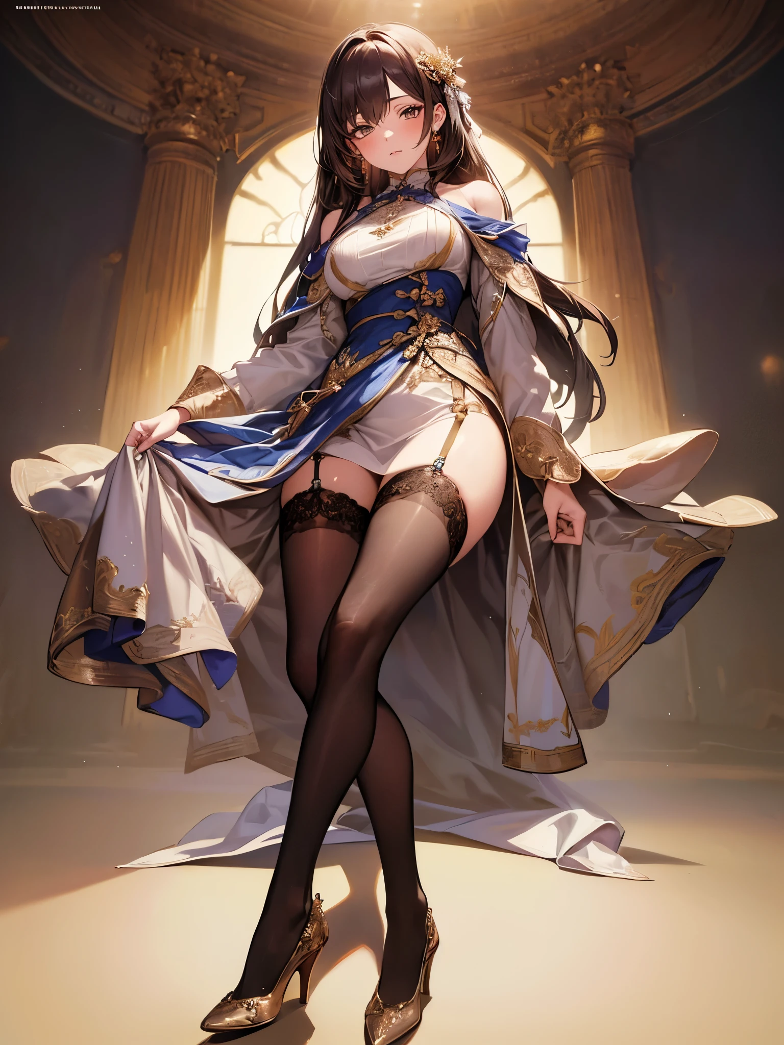 albedo overlord, prideful look, wearing lingerie, gstring, black knee socks, short zipper boots, looking down, full body, extremely high detail, masterpiece