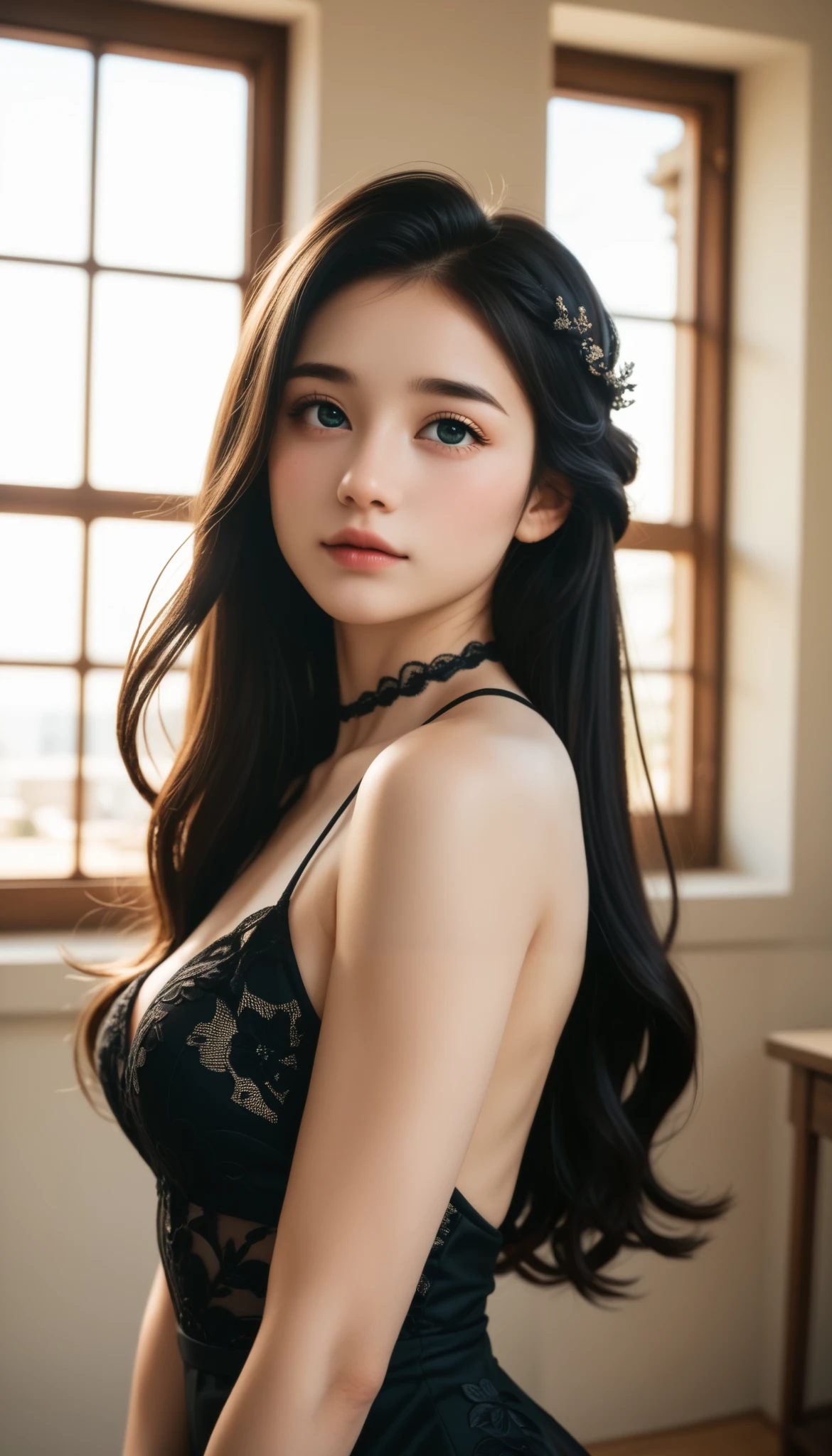 ((8k wallpaper)), ((  surreal)), ((quality :1.2)),  1 girl, １４、cute、非常にcute、Kind eyes、 attractive lips  、 beautiful black hair 、 very long straight hair、Very fine skin、Black elegant dress,  black strap  , Looking up white skin 、((( simple background、Room with a window)))