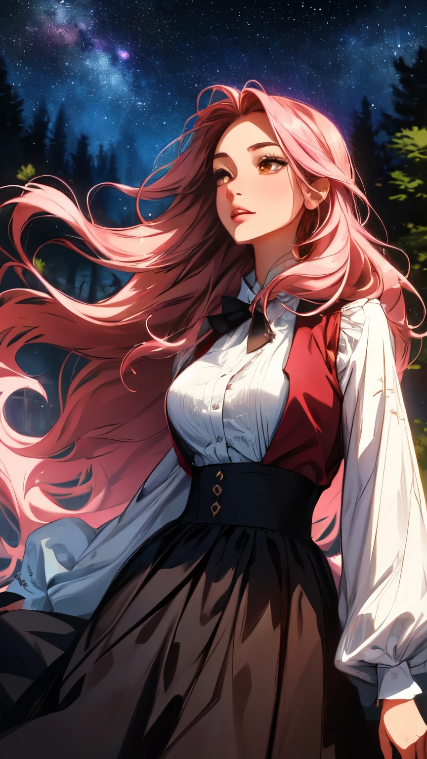 ( Extremely Detailed CG Unity 8K Wallpaper , Masterpiece ,  top quality,  Ultra Detailed,  vest shadow),  one beautiful girl , dark maroon long hair ,  beautiful brown eyes, Beautiful pink lips,  beautiful detailed face  ,  Big Breasts ,  High Contrast ,  long-sleeved blouse , flowing long skirt, Best lighting,  very delicate and beautiful ,  Dynamic Angle ,  Beautiful Detailed Sparkle, whole body,  ( detailed background), Forest of Trees , Night Sky,  starry sky , nebula,  shooting stars, Detailed animated illustration art including backgrounds, 