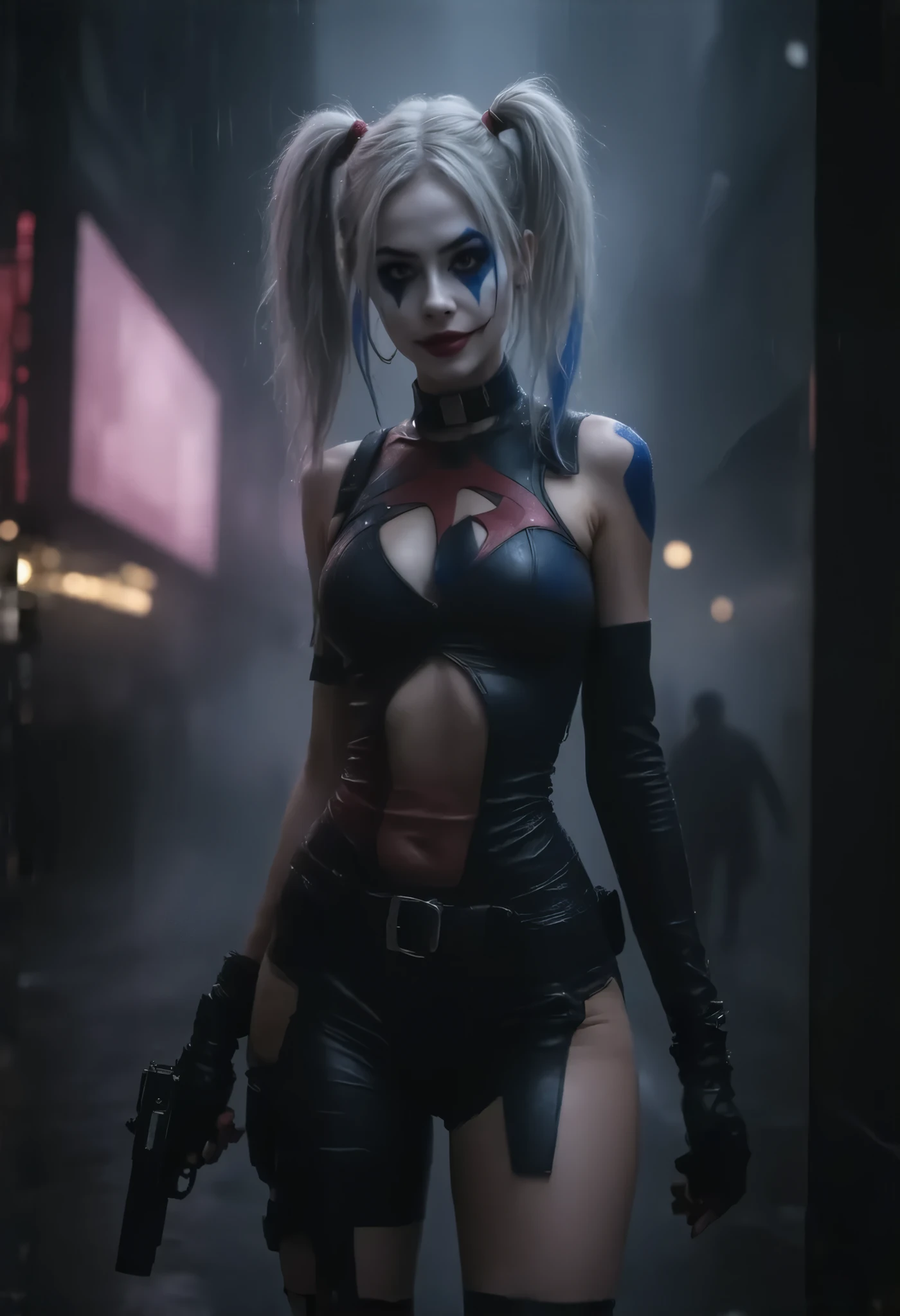 Cinematic image of Harley Quinn with colored hair she is wearing her red and black suit holding a Glock in Gotham from the future she is with her pet white wolf 