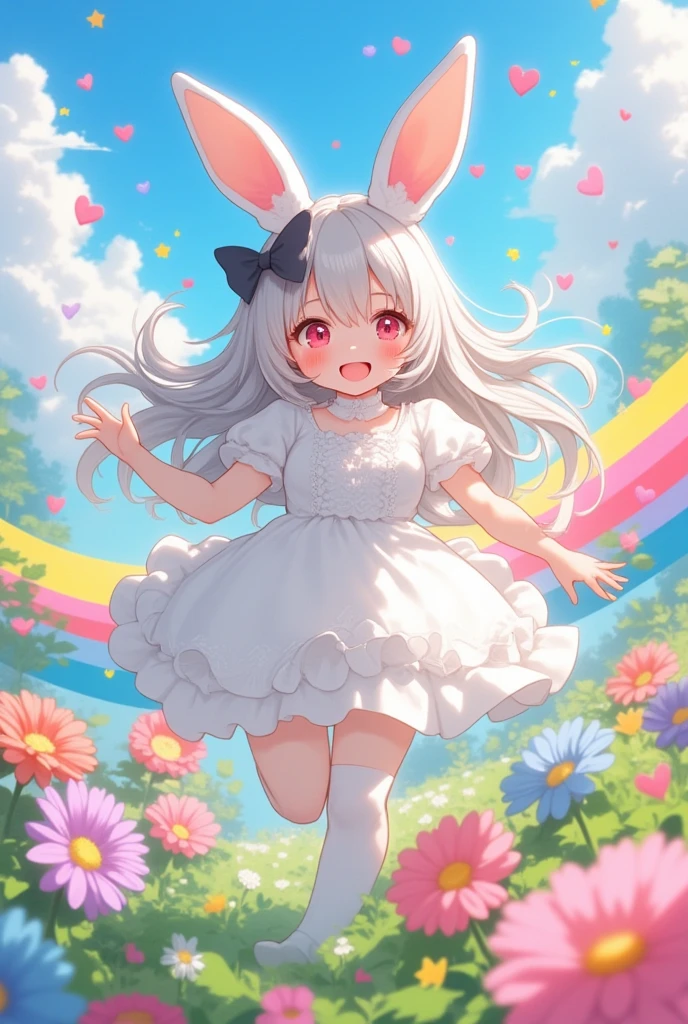  cute流行气球形状 "grateful 4000" certain. Pop and vivid and comical and colorful and  cute art.  everything floats in zero gravity .  gorgeous colorful heart and star markers . Bunny Girl\(Red Cliff, cute,Kawaii, red eyes,white rabbit ears, Wearing a beautiful white dress， embroidered with shiny white silk ,  lavishly woven long gray hair ,  big black hair bow ,  surprised face ,  Smile,  cute pose, Wave) floating in air.  everything floats to the sky . Happy Mood,  grateful mood . grateful.  beautiful sky . rainbow style .Perfect hands