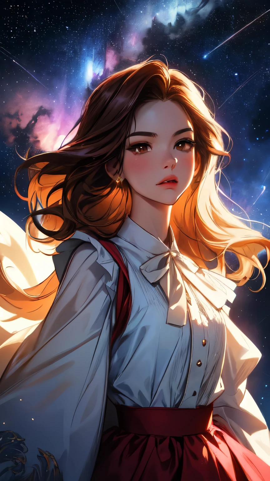 ( Extremely Detailed CG Unity 8K Wallpaper , Masterpiece ,  top quality,  Ultra Detailed,  vest shadow),  one beautiful girl , dark maroon long hair ,  beautiful brown eyes, Beautiful pink lips,  beautiful detailed face  , Mid-chest,  High Contrast ,  long-sleeved blouse , flowing long skirt, Best lighting,  very delicate and beautiful ,  Dynamic Angle ,  Beautiful Detailed Sparkle, whole body,  ( detailed background), Night Sky,  starry sky , nebula,  shooting stars, Detailed animated illustration art including backgrounds, 