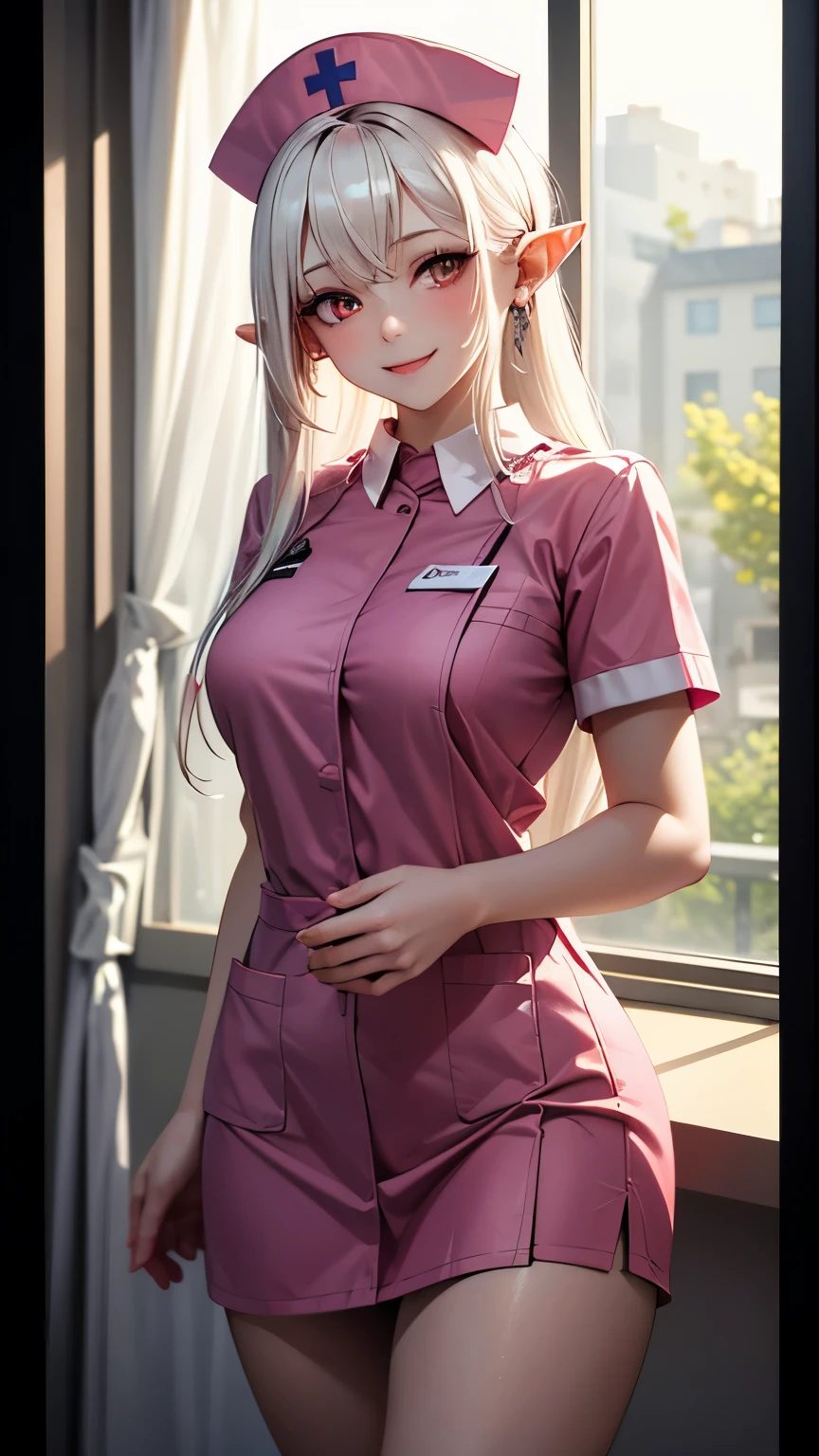  1 girl ,  high definition , masterpiece,  anatomically correct,  Receives Many Awards ,  top quality,  very detailed ,  pure white hair,Transparent Hair,chest,  Hide Ears , white skin without blood,I smile when I have pale skin,  fuzzy expression , Dark Eyes,  nurse cap , Nurse uniform,ghost,Ghost, 8k octane , Artistic,  super detailed,  midnight,