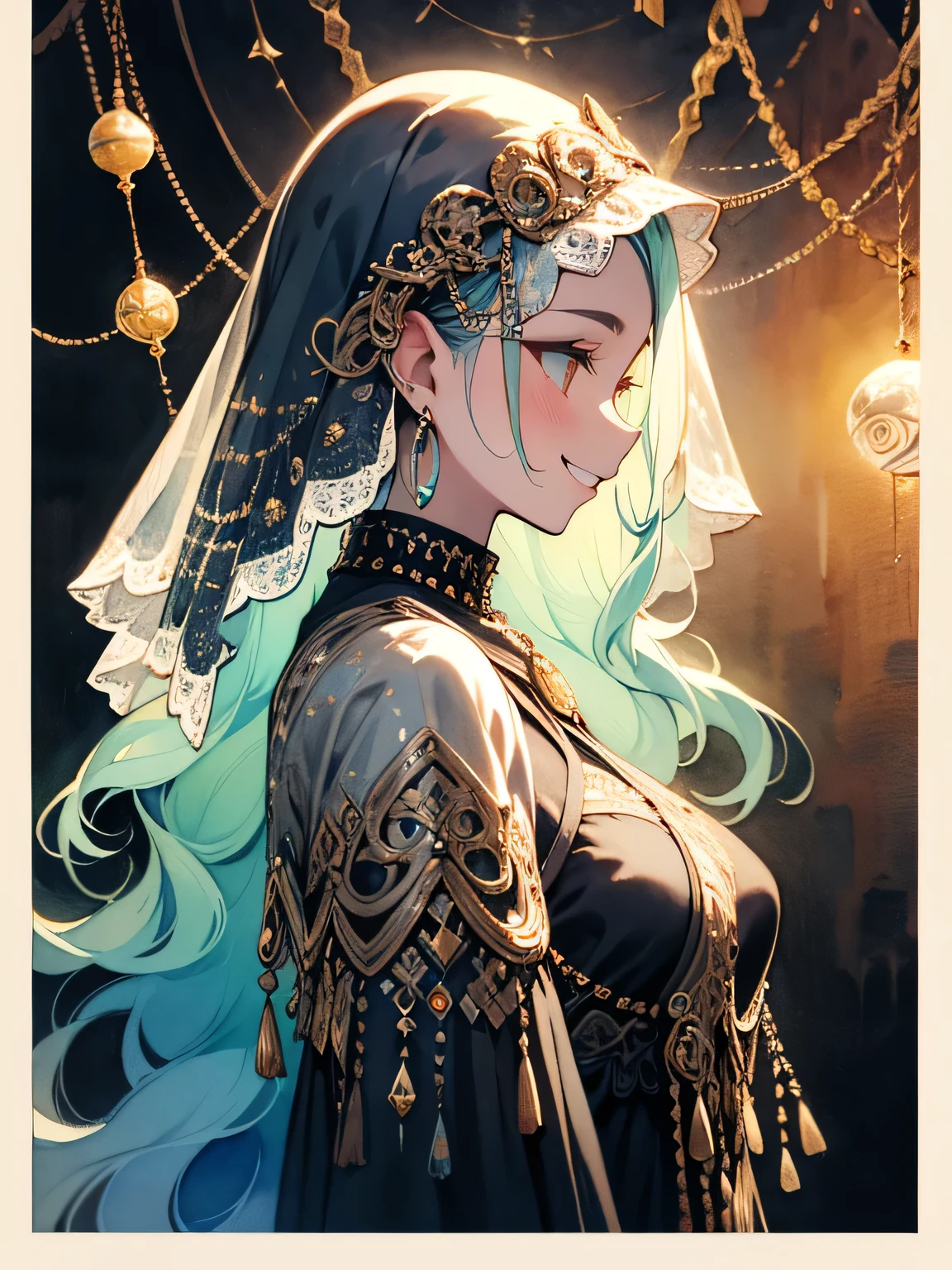 (sideview), solo, (upperbody), mint green wavy hair:1.3, (silver Forehead Chain Veil:1.2), golden eyes, snake medusa, old female, fortune teller face mask veil, grin, western fortune teller, offshoulder black fortune teller costume: 1.2, Beautiful breasts crystal ball, fortune telling, like a painting, watercolor painting style, The Art of Mathematics, Official Art, Masterpiece, beautiful, ((watercolor)), paint splashes , complex details. very detailed, [Drooping:0.7],