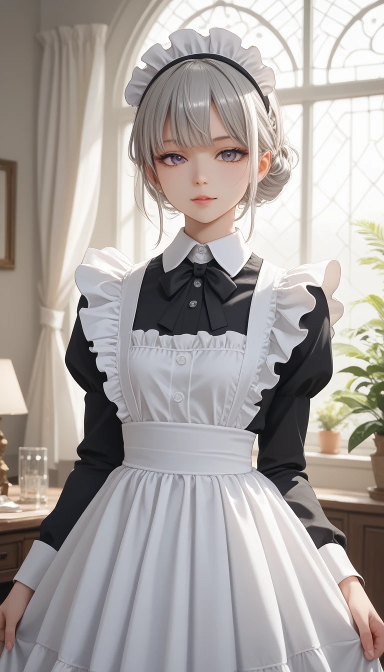 1 girl, A silver-haired girl, (detailed anatomical features, anime style:1.2), (best quality,4k,8k,highres,masterpiece:1.2),ultra-detailed, stunning lighting, soft colors, glowing skin, anime, anime style, maid, maid costume, seductive