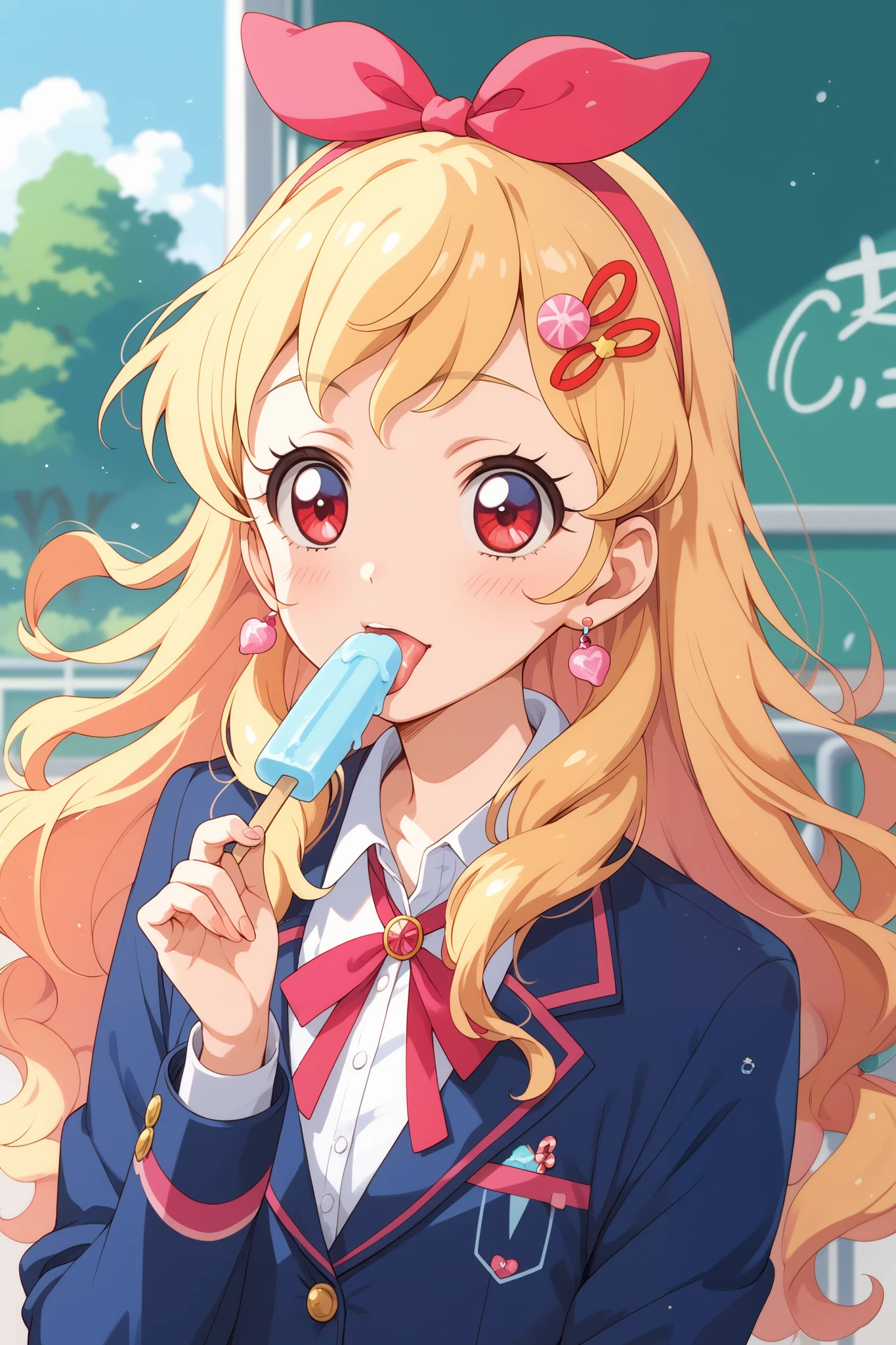 Anime character is licking a popsicle. 1 girl, solo, long hair, ice candy, Ichigo Hoshimiya, food, hair ornament, hair ribbon, school uniform, jacket, upper body, blonde,Ichigo Hoshimiya (Aikatsu!),red eyes