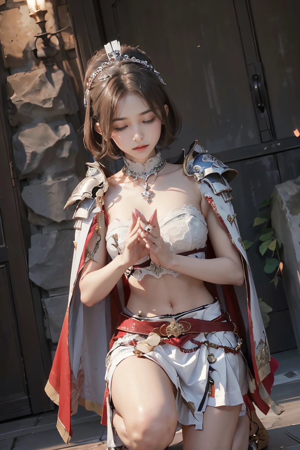 (jpop idol,Japanese Beauty Female Erotica:1.3)
(photo realistic:1.8),(Realistic photos:1.5),(18 years old),smile,slender body,thin waist, (completely nude:1.7),(breasts exposed:1.5),(big breasts:1.5), (nipples exposed:1.2),(detailed nipples:1.2), (pussy exposed:1.5),(detailed pussy:1.5),(no panties:1.5),(bare thigh:1.0),(bare leg:1.0),

(shoulder armor:1.2),(shoulder pads:1.2),(shin armor:1.0),(gauntlets),chain,leather belt,Real people,Fighting pose,female elf warrior,solo, Real people,real photo,

Various elven village scenes,Ground not level, Outdoor,Various small objects are scattered around,No people, A female elf warrior with a heart-shaped box with ribbons, one hand raised, several objects are visible in the background,

kawaii,smile, 
Fantasy armour decorated in very fine relief,Pointed ears,black brown hair,
