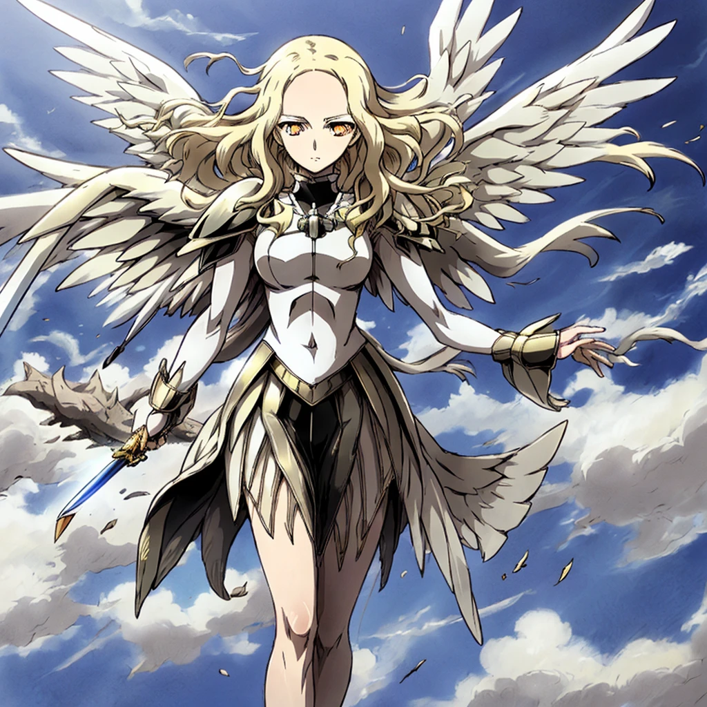    top quality,   golden eyes , Front View , Big white wings，A big sword in her right hand   ,    Spread your wings and float in the air ,barefoot   ,        cold eyes,Dust dances      ,Solemn,Solitary