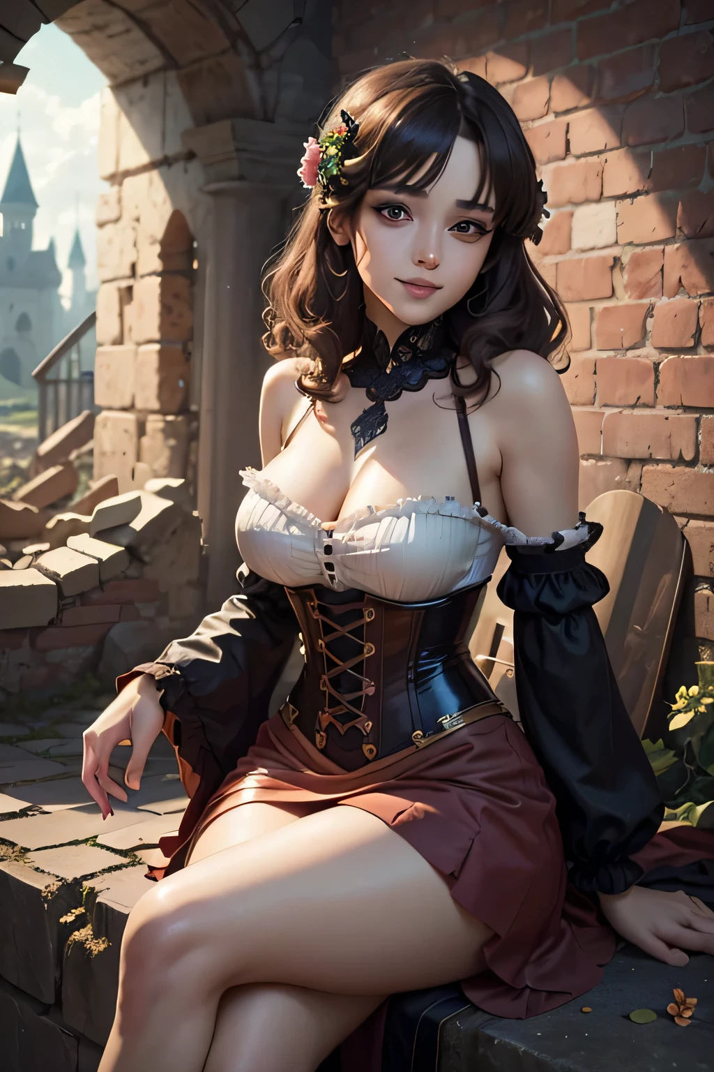1girl, solo, sitting down, beautiful 25 year old woman, pacific islander, (dark skin:1.4), auburn hair, braided updo, large breasts, cream dirndl, (stockings), fields of flowers, sunshine, clouds, sexy pose, seductive pose