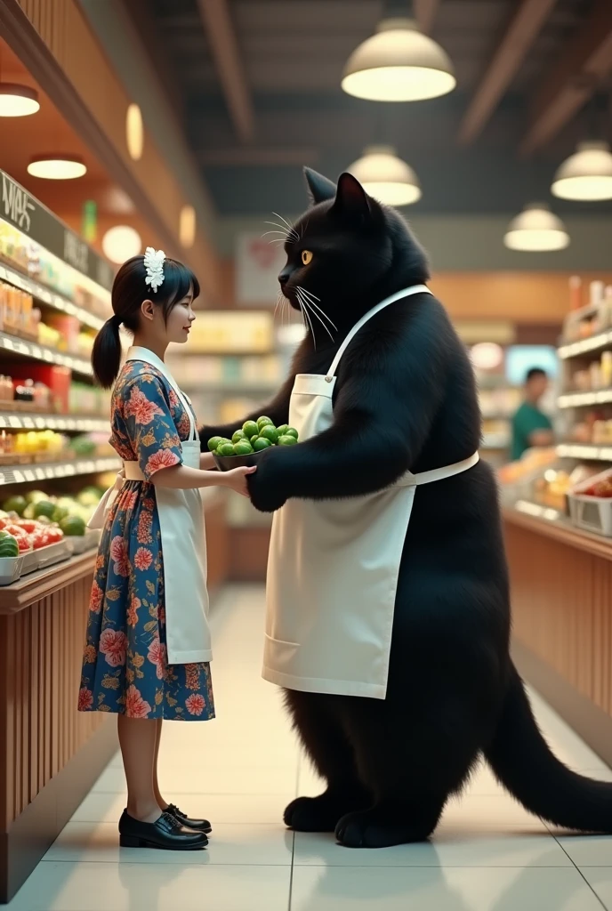 documentary photo, ultra-realistic, photorealistic, dramatic scene, shadow, global-illumination, perfect anatomy, there are cute maid Japanese girl and human-like-cat, in the antique room, (the giant tall black cat is wearing a Japanese white cook's apron:1.2),  (The cat is shopping in the grocery store and holding some cucumbers), at the vegetable section in the stylish grocery store with white floor and wall and ceiling, the cat is standing, professional lighting, (Detailed giant black cat:1.3), the Japanese beautiful girl is looking at the cat with happy smile, the Japanese girl wearing a cute colored maid outfit,