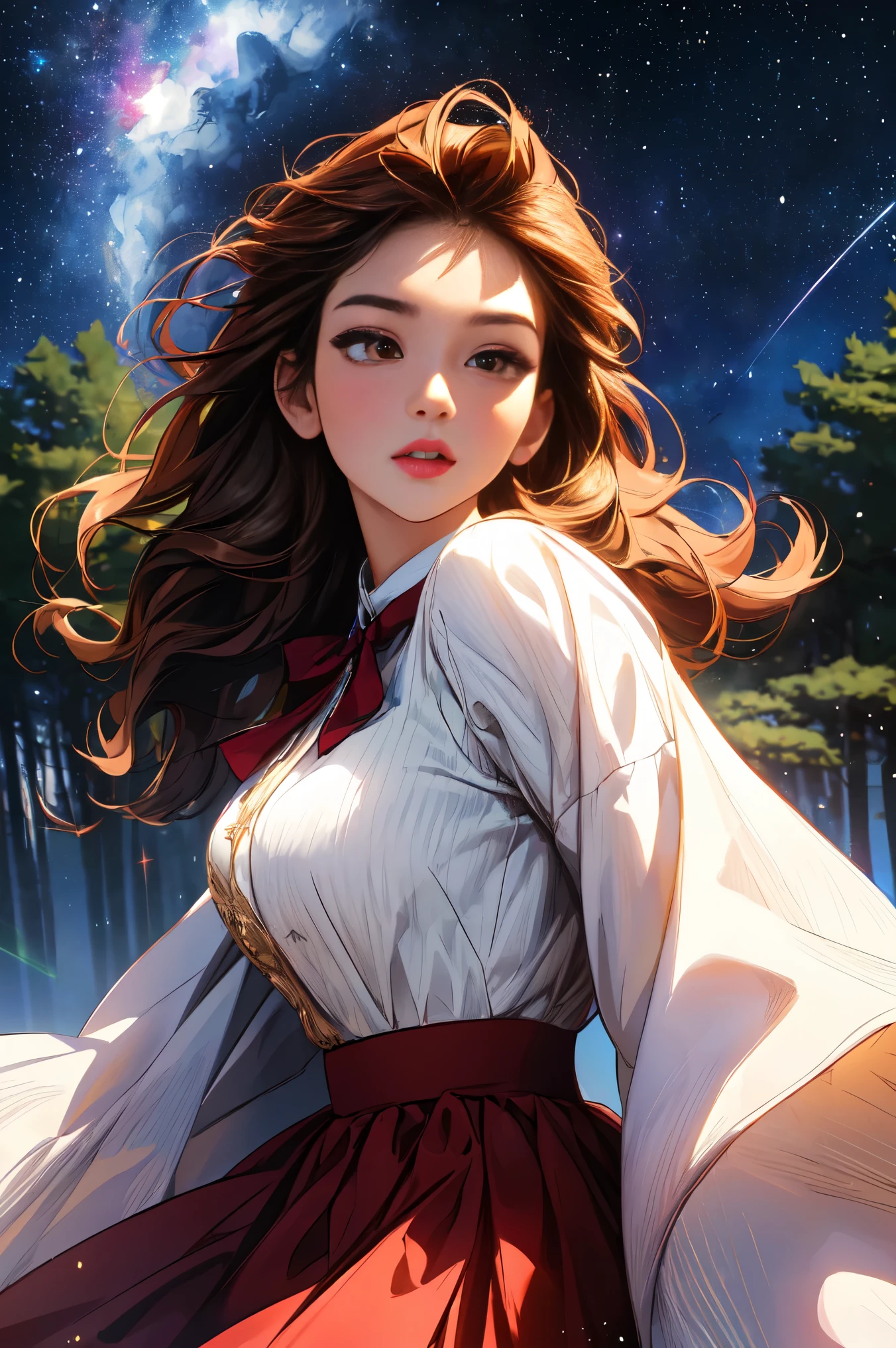 ( Extremely Detailed CG Unity 8K Wallpaper , masterpiece,  top quality,  Ultra Detailed,  vest shadow),  one beautiful girl , dark maroon long hair ,  beautiful brown eyes, Beautiful pink lips,  beautiful detailed face  ,  Big Breasts ,  anatomically accurate and beautiful figure,  High Contrast ,  long-sleeved blouse , flowing long skirt, Best lighting,  very delicate and beautiful ,  Dynamic Angle ,  Beautiful Detailed Sparkle, whole body,  ( detailed background), Forest of Trees , Night Sky,  starry sky , nebula,  shooting stars, Detailed animated illustration art including backgrounds, 