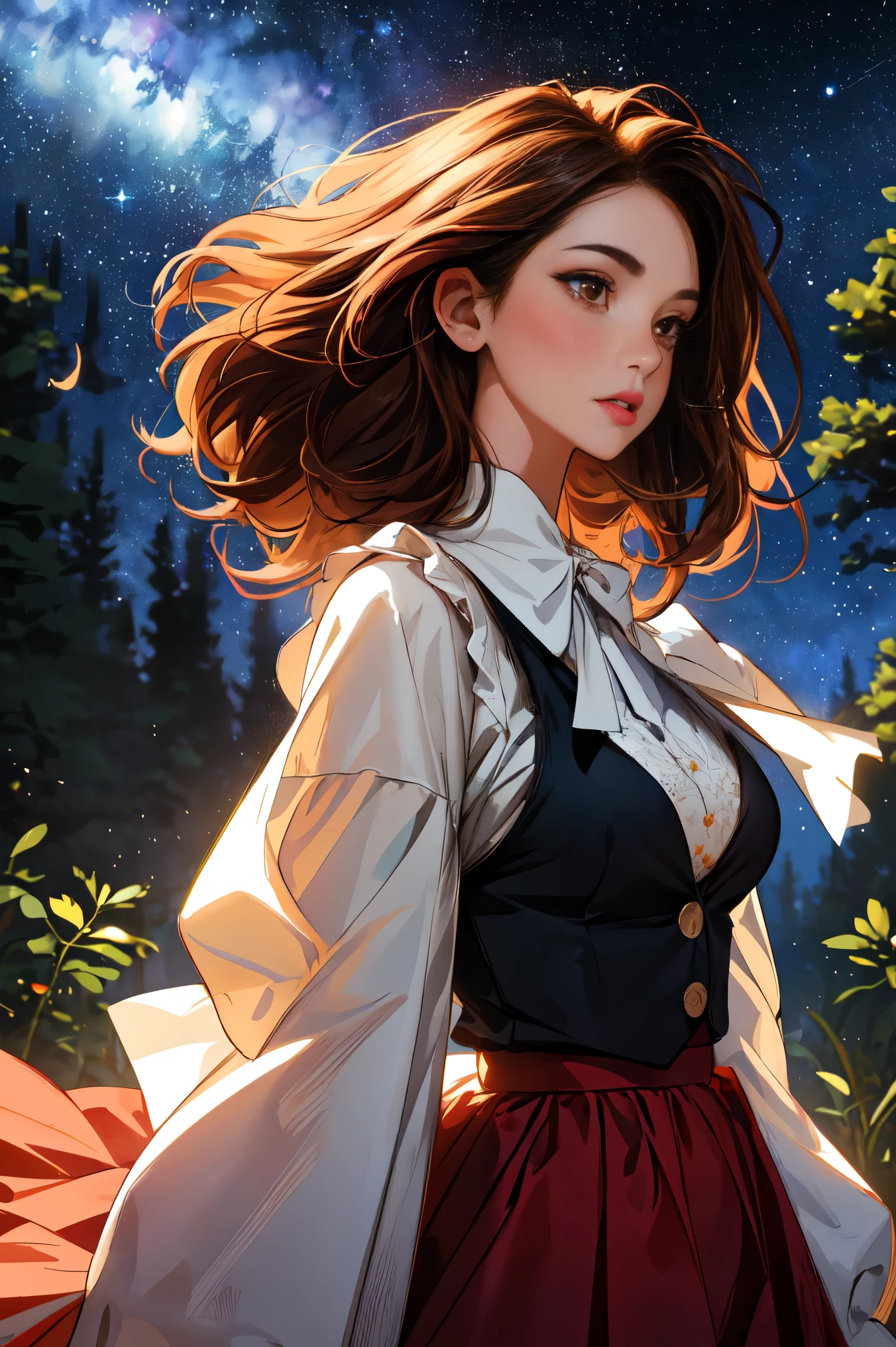 ( Extremely Detailed CG Unity 8K Wallpaper , masterpiece,  top quality,  Ultra Detailed,  vest shadow),  one beautiful girl , dark maroon long hair ,  beautiful brown eyes, Beautiful pink lips,  beautiful detailed face  ,  Big Breasts ,  anatomically accurate and beautiful figure,  High Contrast ,  long-sleeved blouse , flowing long skirt, Best lighting,  very delicate and beautiful ,  Dynamic Angle ,  Beautiful Detailed Sparkle, whole body,  ( detailed background), Forest of Trees , Night Sky,  starry sky , nebula,  shooting stars, Detailed animated illustration art including backgrounds, 