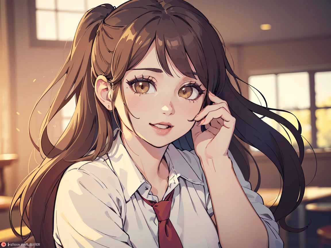 (giant girl, white skin, curvy sexy body, long hair, brown hair, ponytails, pizzeria uniform, erotic, sexy pose, cheerful, danganronpa style), (best quality, ultra-detailed, realistic:1.37), (illustration, vibrant colors, portraits), (warm color tones, soft lighting)