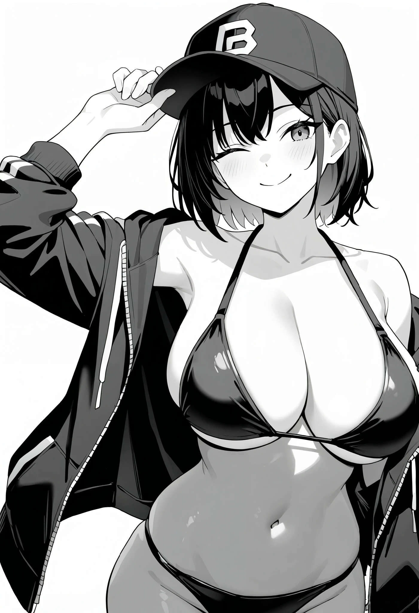 1girl, sensitive, grayscale, short hair, large breasts, baseball cap, bikini, jacket, adjusting headwear, smile, closed mouth, one eye closed, white background, masterpiece, best quality, very aesthetic, absurdres