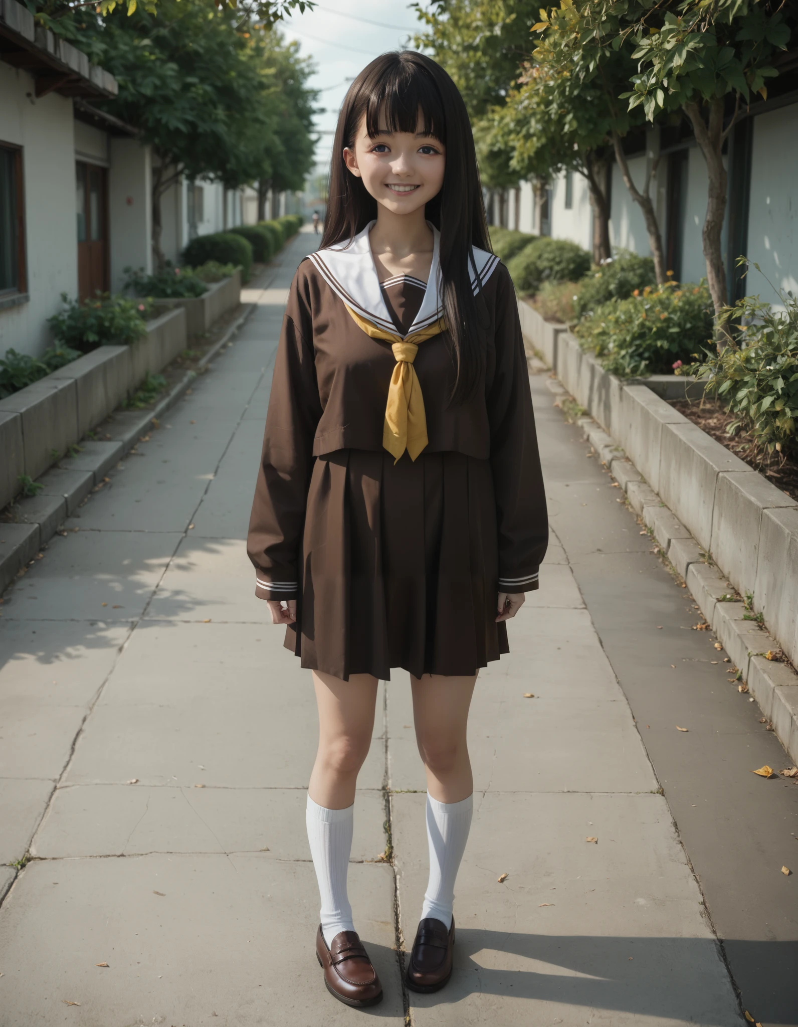 Masterpiece, hd, best quality, kajunukumizu, long hair, bangs, black hair, brown eyes, very long hair, school uniform, serafuku, brown serafuku, yellow bandana, long sleeves, white sailor collar, black socks, brown shoes, standing, fullbody, outdoor, smile, happy