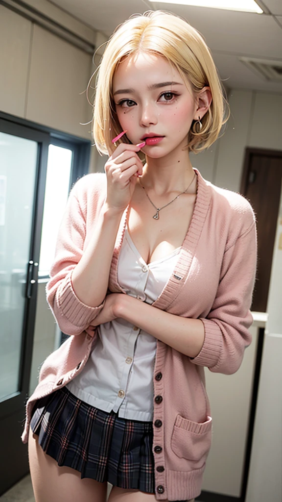 Solo girl on furniture showroom, , inside furniture showroom, furniture at background, wearing shirt and skirt, big boobs, cleavage, character play, blue eyes, ((short pink highlighted hair)), sitting on sofa , smiling, closeup camera view,masterpiece,anatomically correct,random posing,