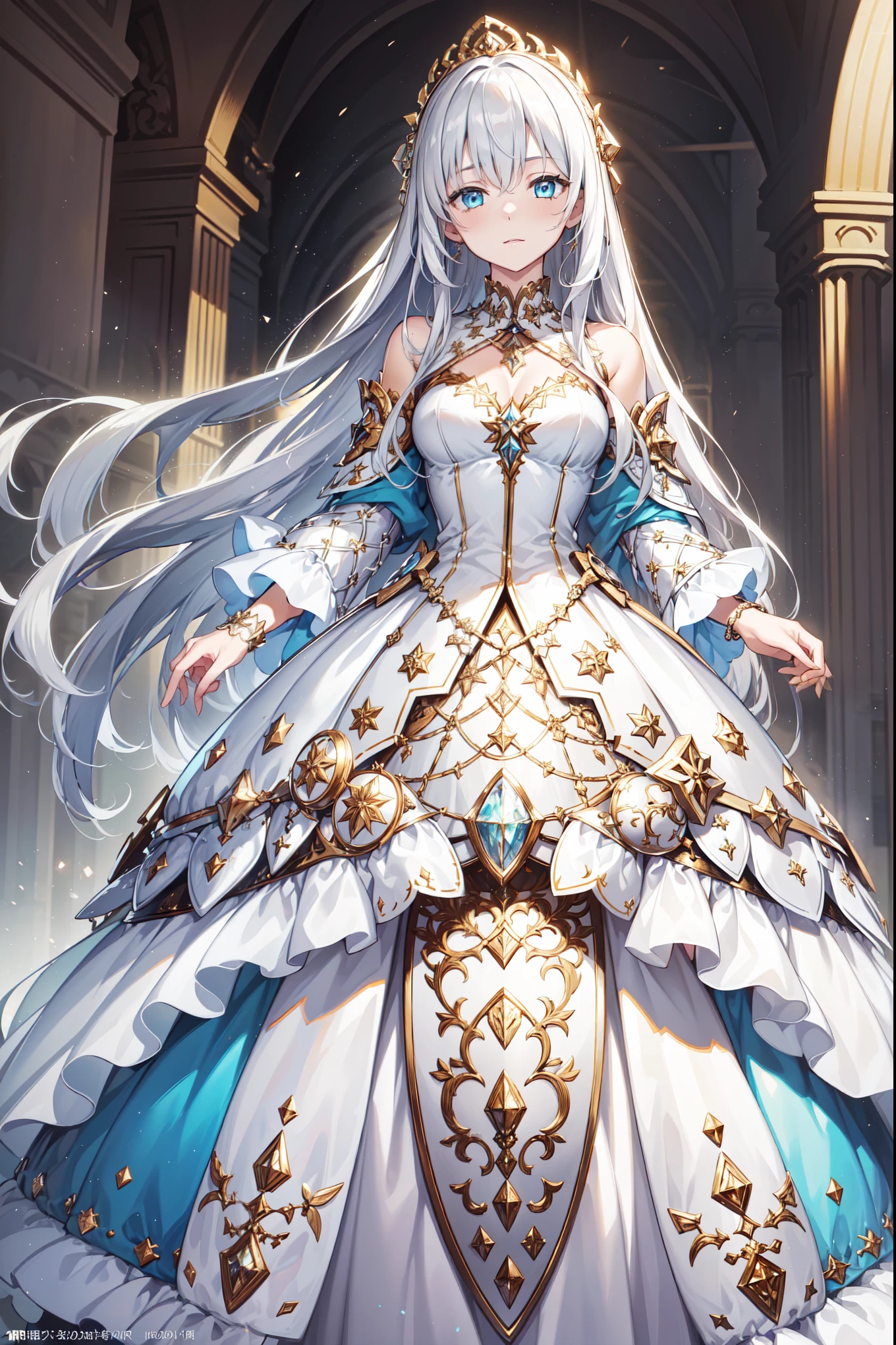 (  This is the best quality ,4K,8K,   high resolution, masterpiece :1.2),     Super Detailed   ,  girl ，Holy，(   silver white hair  )，   blue eyes  ，obsessed， Elegant standing posture，玩得  happy  ，in love，   Lightweight princess dress   ，  Exquisite clothing ，pattern，Swimsuit，  happy  ，  From the room ，   unique  ，Small amount of armor 