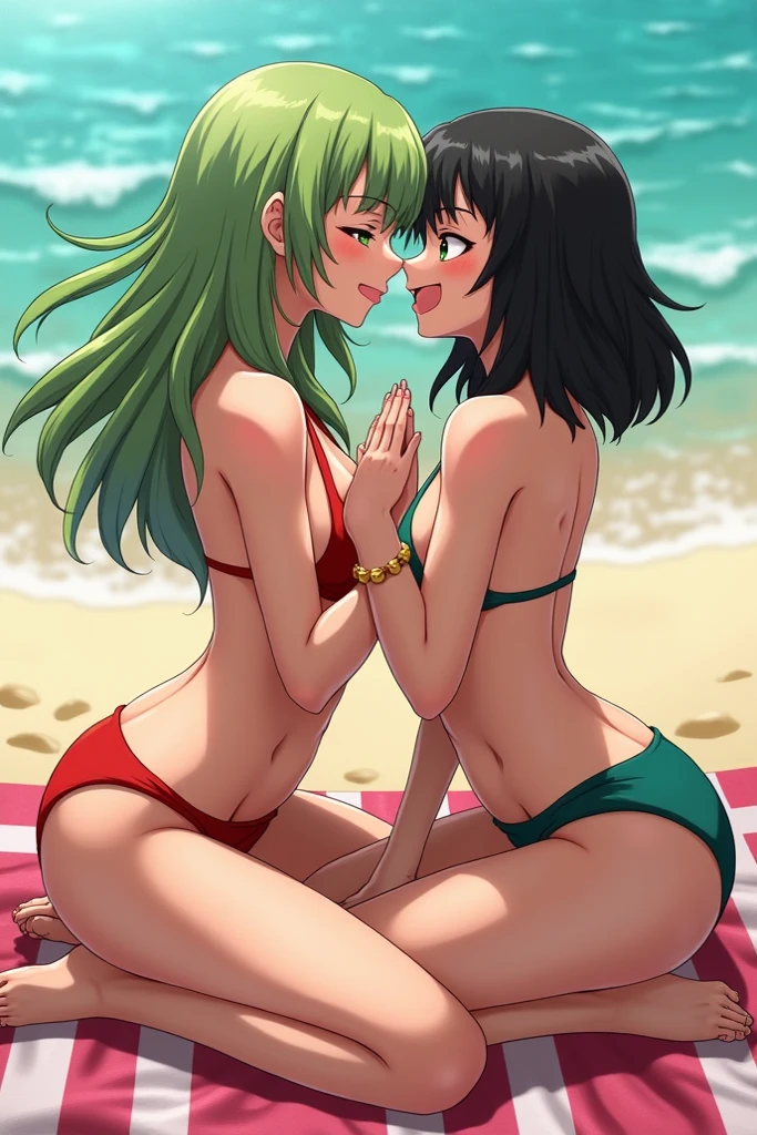 Duo, score_9,score_8_up,score_7_up, source_cartoon, source_anime, 2 woman, a tall thick darkskin woman with black hair in a ponytail and green eyes wearing a red bikini, and a tall thick lightskin woman with long dark blue hair and brown eyes wearing a blue one piece swimsuit, barefoot, one woman laying on top of the other woman, both women grabbing other woman's ass, kissing