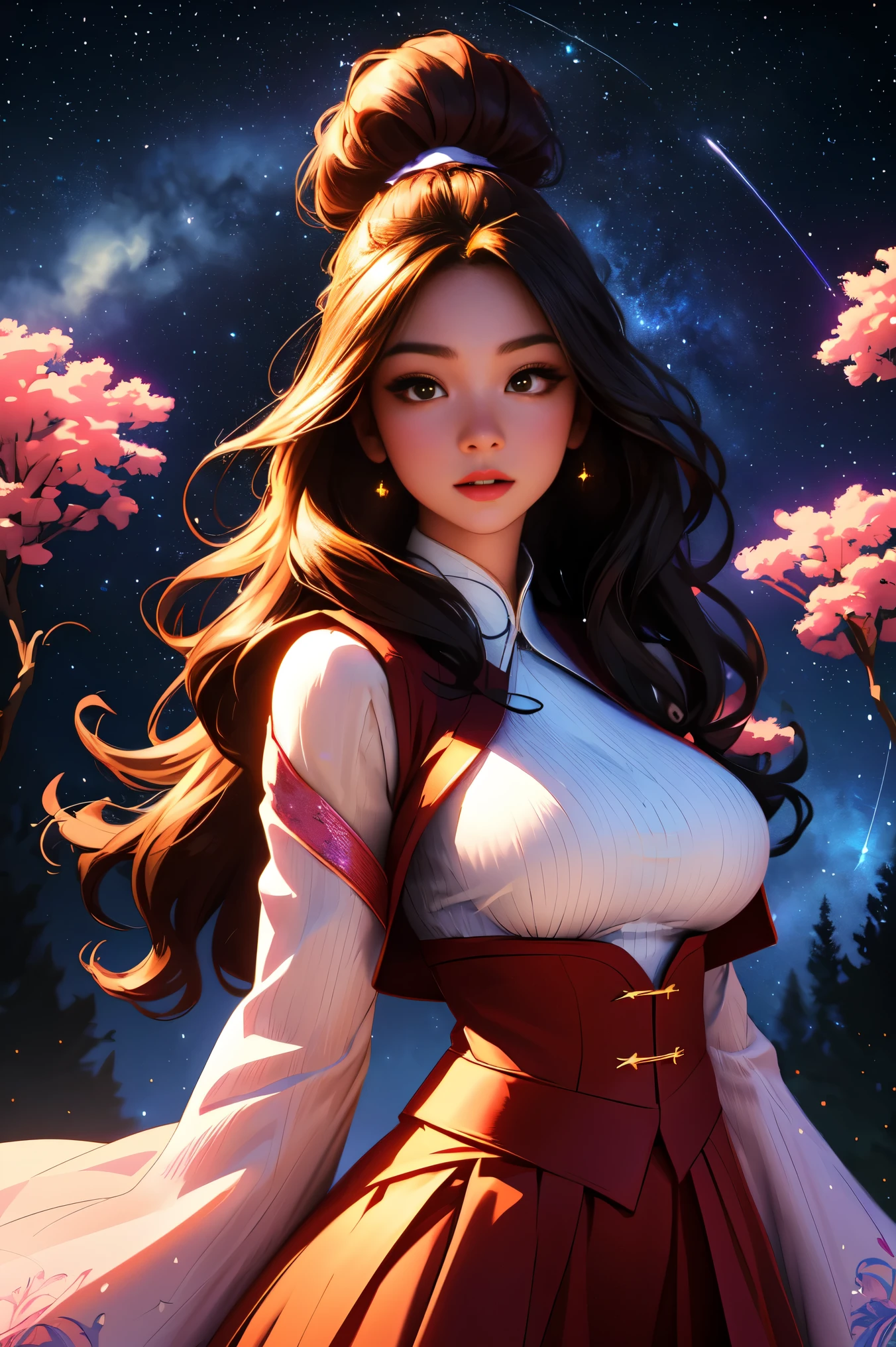 ( Extremely Detailed CG Unity 8K Wallpaper , masterpiece,  top quality,  Ultra Detailed,  vest shadow),  one beautiful girl , dark maroon long hair ,  beautiful brown eyes, Beautiful pink lips,  beautiful detailed face  ,  Big Breasts ,  anatomically accurate and beautiful figure,  High Contrast ,  long-sleeved blouse , flowing long skirt, Best lighting,  very delicate and beautiful ,  Dynamic Angle ,  Beautiful Detailed Sparkle, whole body,  ( detailed background), Forest of Trees , Night Sky,  starry sky , nebula,  shooting stars, Detailed animated illustration art including backgrounds, 