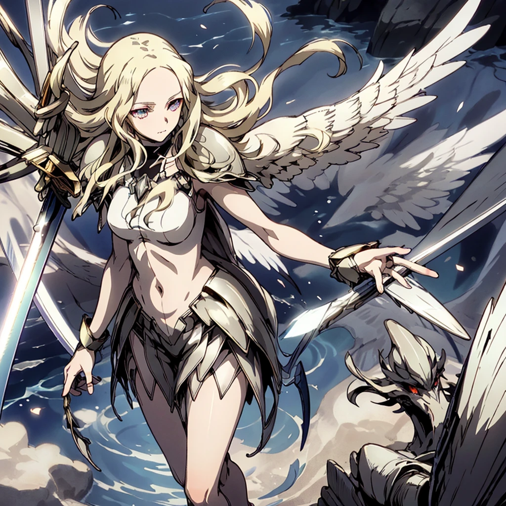    top quality,    golden eyes ,  beautiful eyes, Front View , Big white wings，A huge sword in her right hand    ,     Spread your wings and float in the air  ,barefoot   ,         cold eyes,Dust dances       ,Solemn,Lonely