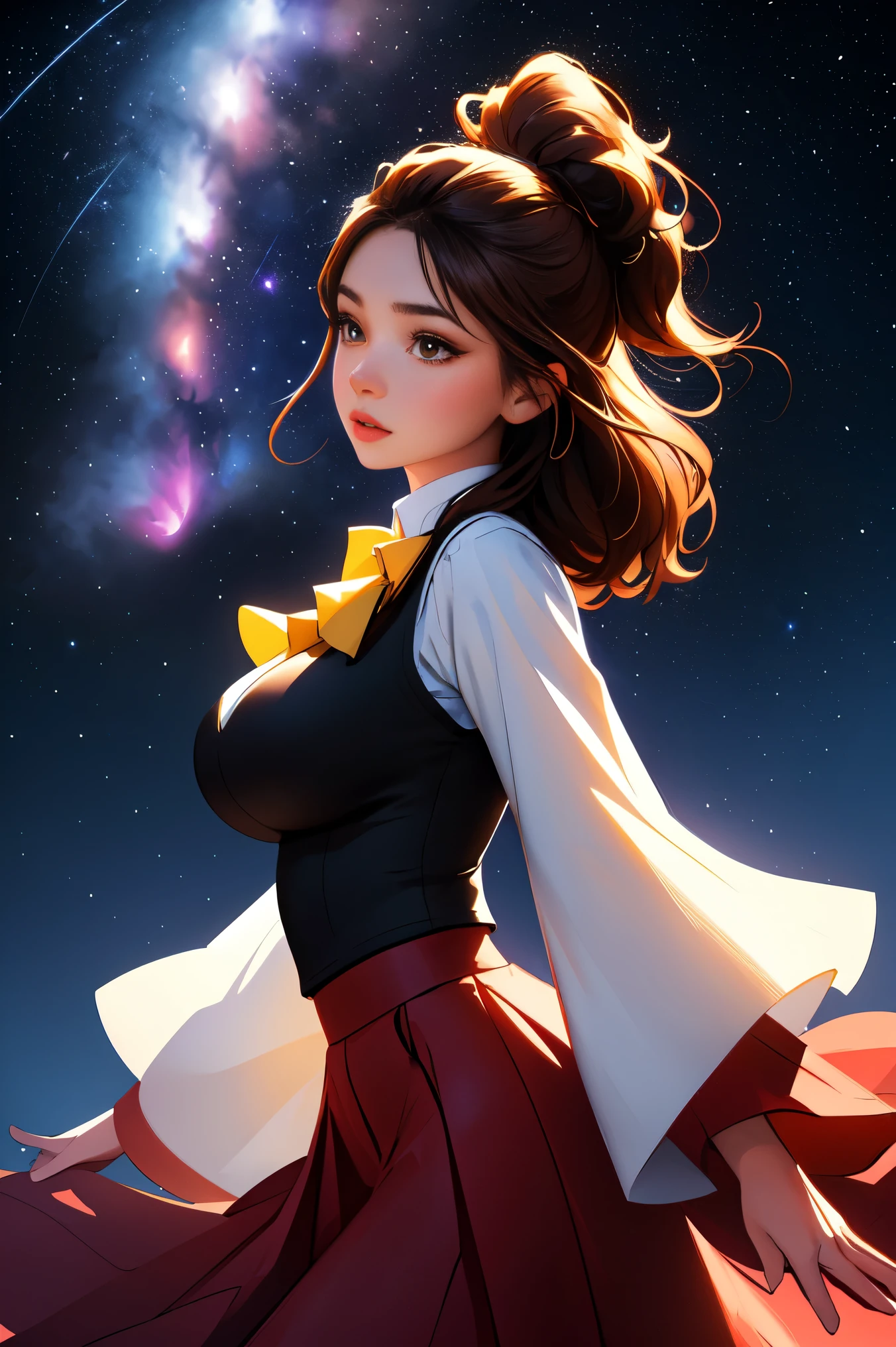 ( Extremely Detailed CG Unity 8K Wallpaper , masterpiece,  top quality,  Ultra Detailed,  vest shadow),  one beautiful girl , dark maroon long hair ,  beautiful brown eyes, Beautiful pink lips,  beautiful detailed face  ,  Big Breasts ,  anatomically accurate and beautiful figure,  High Contrast ,  long-sleeved blouse , flowing long skirt, Best lighting,  very delicate and beautiful ,  Dynamic Angle ,  Beautiful Detailed Sparkle, whole body,  ( detailed background), Forest of Trees , Night Sky,  starry sky , nebula,  shooting stars, Detailed animated illustration art including backgrounds, 