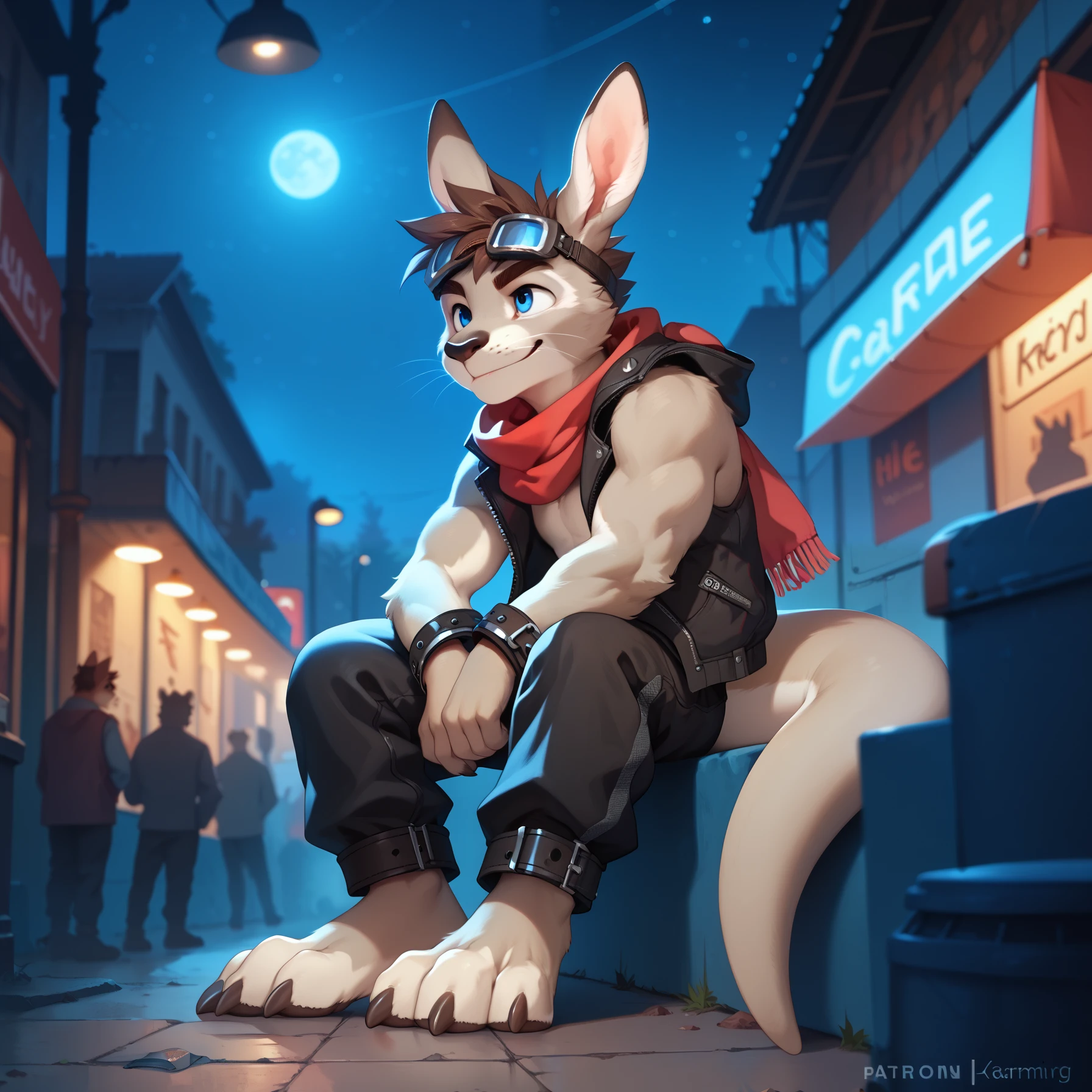 solo, young furry, furry, young, kangaroo, spiked brown hair, Detailed body fur, long red scarf, black sleeveless jacket, black baggy pants, goggles, masterpiece, gray body, Detailed face, big eyebrows, blue eyes, detailed eyes, No muscles, Detailed hands, Flat body, Skinny, Detailed paws, metal cuffs on wrists, metal cuffs on ankles, no shirt, no underwear, smug, night, sitting, side view, away