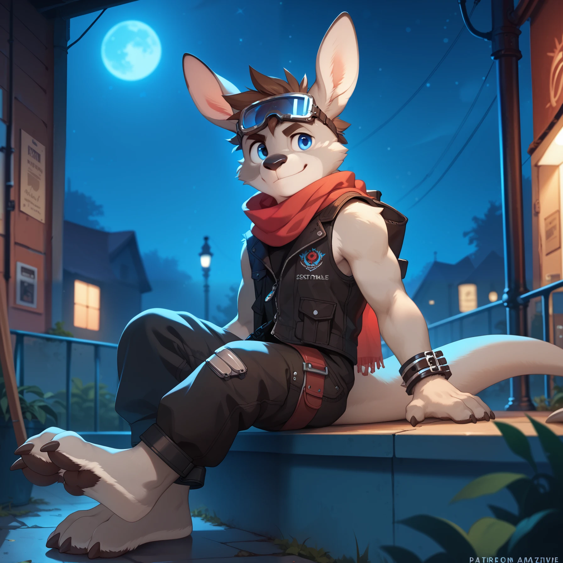 solo, young furry, furry, young, kangaroo, spiked brown hair, Detailed body fur, long red scarf, black sleeveless jacket, black baggy pants, goggles, masterpiece, gray body, Detailed face, big eyebrows, blue eyes, detailed eyes, No muscles, Detailed hands, Flat body, Skinny, Detailed paws, metal cuffs on wrists, metal cuffs on ankles, no shirt, no underwear, smug, night, sitting, side view, away