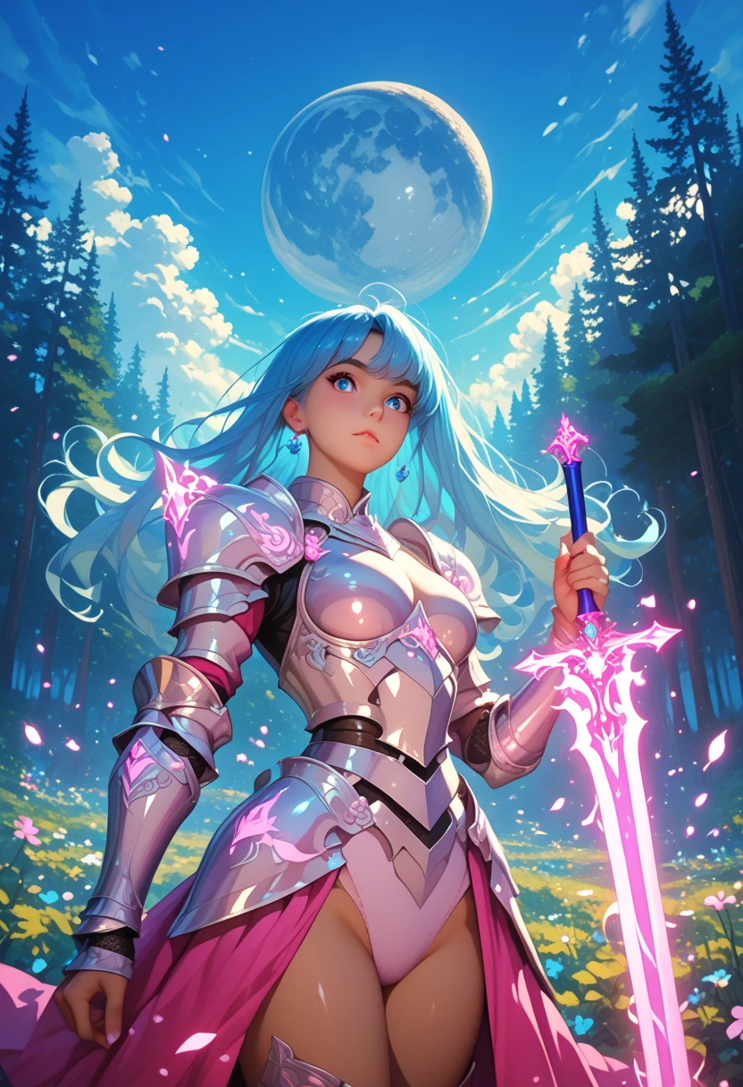 Girl with heavy armor and pattern,  ideal body shape, Sweet expression, Sky-blue hair shines like stardust, Armored, Держит в руке Меч Большой Shine с Узорами, Shadow Game, Forest Light Background, Mysterism ,  magic , Shine, Shine, Long Hair,  Very Exciting  , Very warm atmosphere,   knight , moon, Many details, Wind, tree々, Shadow Game, The light shines on the girl,
