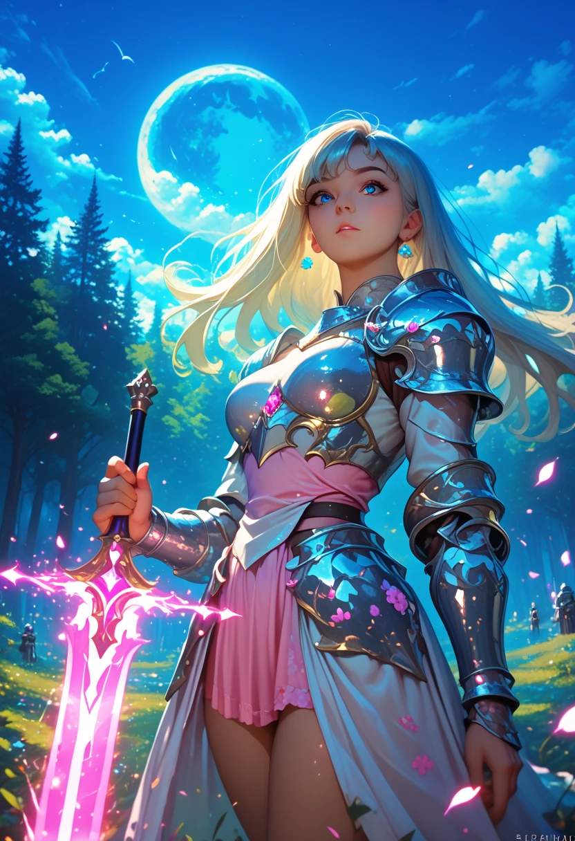 Girl with heavy armor and pattern,  ideal body shape, Sweet expression, Sky-blue hair shines like stardust, Armored, Держит в руке Меч Большой Shine с Узорами, Shadow Game, Forest Light Background, Mysterism ,  magic , Shine, Shine, Long Hair,  Very Exciting  , Very warm atmosphere,   knight , moon, Many details, Wind, tree々, Shadow Game, The light shines on the girl,
