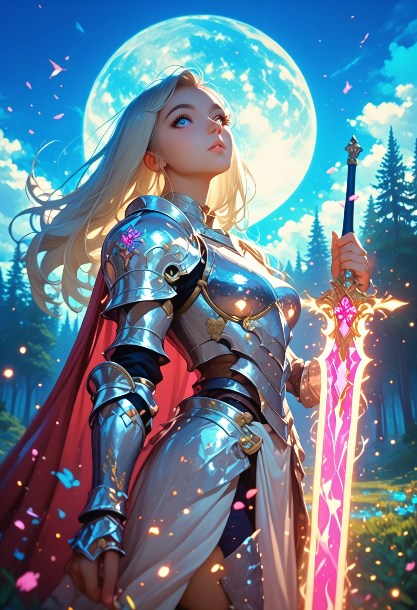 Girl with heavy armor and pattern,  ideal body shape, Sweet expression, Sky-blue hair shines like stardust, Armored, Держит в руке Меч Большой Shine с Узорами, Shadow Game, Forest Light Background, Mysterism ,  magic , Shine, Shine, Long Hair,  Very Exciting  , Very warm atmosphere,   knight , moon, Many details, Wind, tree々, Shadow Game, The light shines on the girl,
