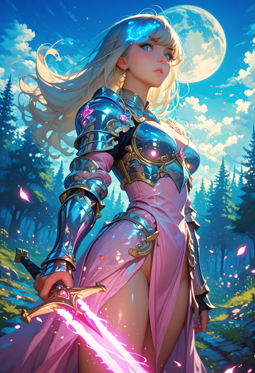 Girl with heavy armor and pattern,  ideal body shape, Sweet expression, Sky-blue hair shines like stardust, Armored, Держит в руке Меч Большой Shine с Узорами, Shadow Game, Forest Light Background, Mysterism ,  magic , Shine, Shine, Long Hair,  Very Exciting  , Very warm atmosphere,   knight , moon, Many details, Wind, tree々, Shadow Game, The light shines on the girl,
