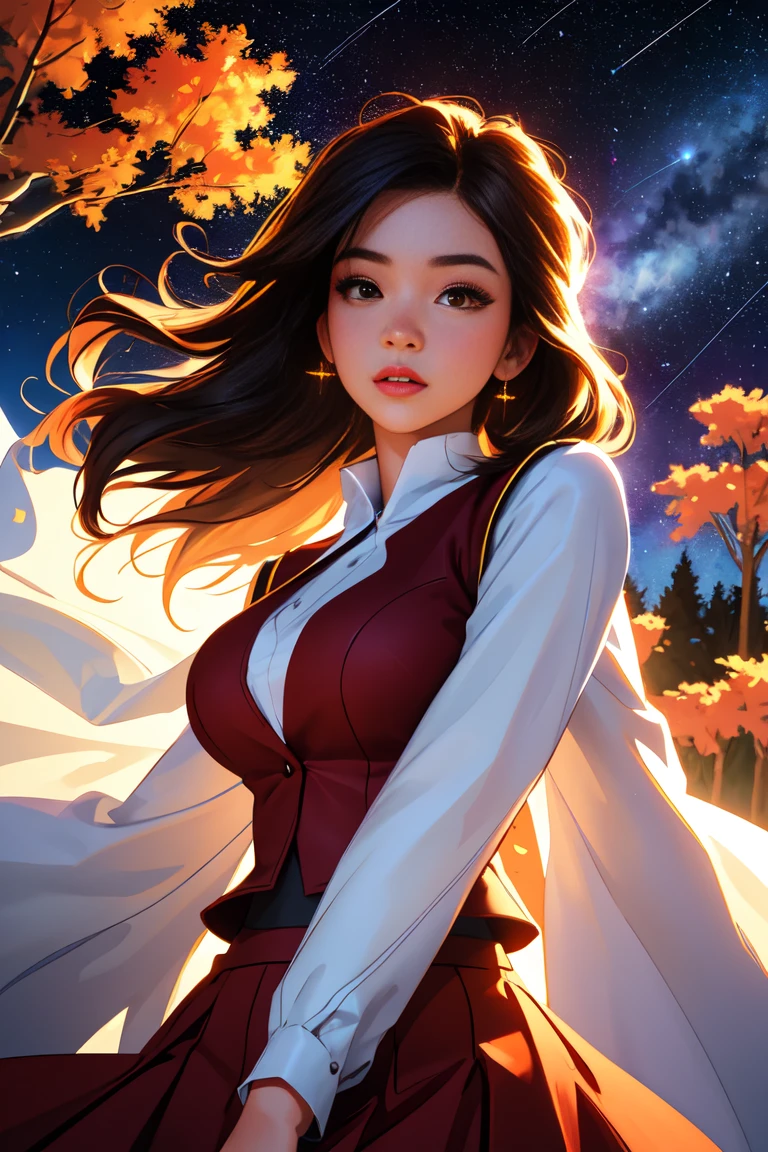 ( Extremely Detailed CG Unity 8K Wallpaper , Masterpiece ,  top quality,  Ultra Detailed,  vest shadow),  one beautiful girl , dark maroon long hair ,  beautiful brown eyes, Beautiful pink lips,  beautiful detailed face  ,  Big Breasts ,  anatomically accurate and beautiful figure,  High Contrast ,  long-sleeved blouse , flowing long skirt, Best lighting,  very delicate and beautiful ,  Dynamic Angle ,  Beautiful Detailed Sparkle, whole body,  ( detailed background), Forest of Trees , Night Sky,  starry sky , nebula,  shooting stars, Detailed animated illustration art including backgrounds, 