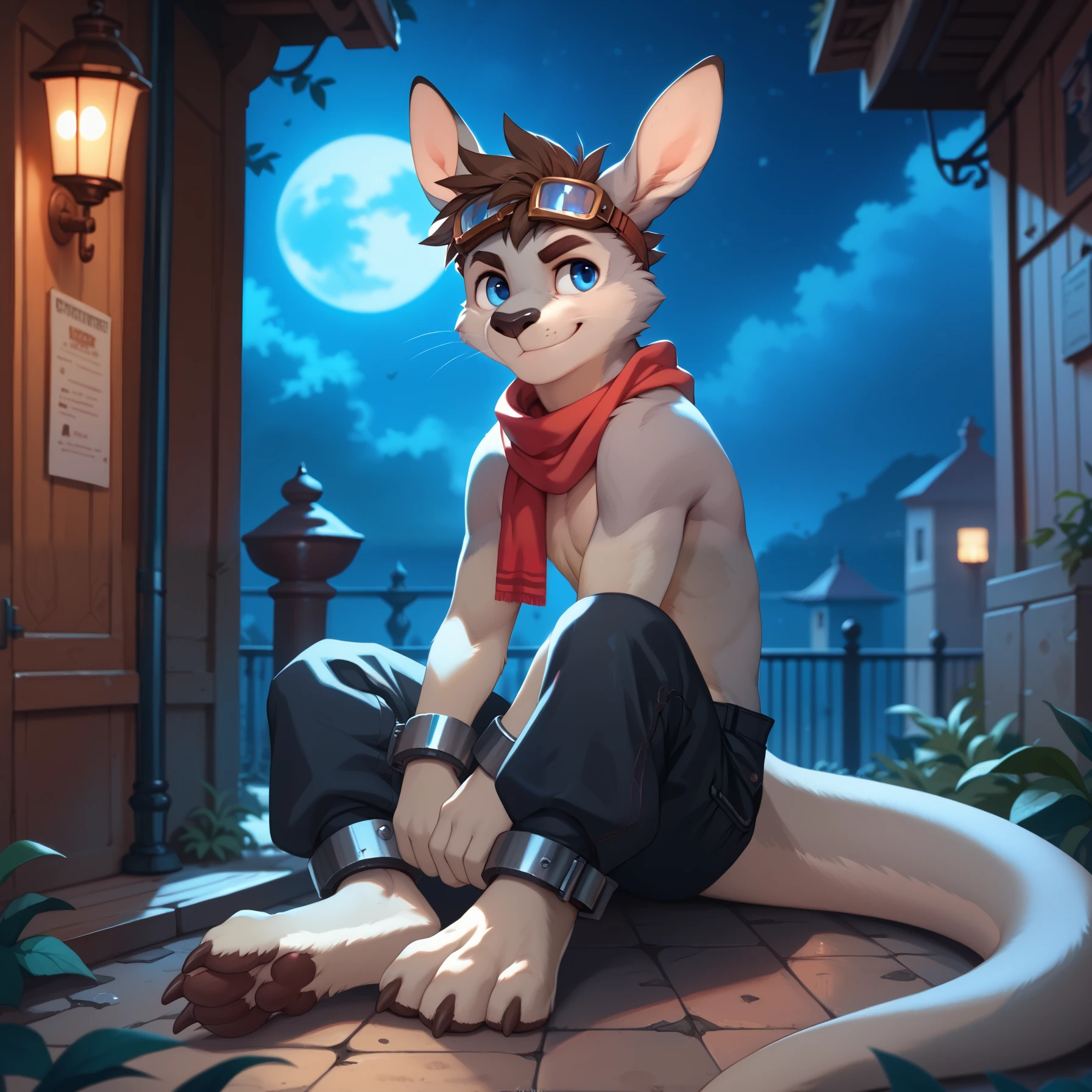solo, young furry, furry, young, kangaroo, spiked brown hair, Detailed body fur, long red scarf, black baggy pants, goggles, masterpiece, gray body, Detailed face, big eyebrows, blue eyes, detailed eyes, No muscles, Detailed hands, Flat body, Skinny, Detailed paws, metal cuffs on wrists, metal cuffs on ankles, no shirt, no underwear, smug, night, sitting, side view, away