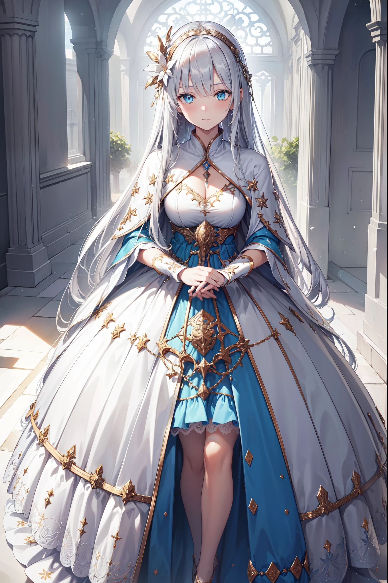 ( This is the best quality ,4K,8K, high resolution, masterpiece :1.2), Super Detailed , girl ,Holy,( silver white hair ), blue eyes ,obsessed, Elegant standing posture,玩得 happy ,in love, Lightweight princess dress , Exquisite clothing ,pattern,Swimsuit, happy , From the room , unique ,Small amount of armor