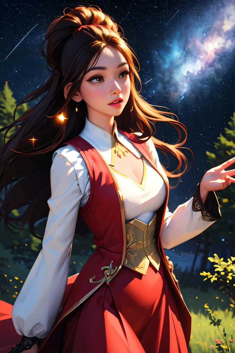 ( Extremely Detailed CG Unity 8K Wallpaper , masterpiece,  top quality,  Ultra Detailed,  vest shadow),  one beautiful girl , dark maroon long hair ,  beautiful brown eyes, Beautiful pink lips,  beautiful detailed face  , Mid-chest,  anatomically accurate and beautiful figure,  High Contrast ,  long-sleeved blouse , flowing long skirt, Best lighting,  very delicate and beautiful ,  Dynamic Angle ,  Beautiful Detailed Sparkle, whole body,  ( detailed background), Forest of Trees , Night Sky,  starry sky , nebula,  shooting stars, Detailed animated illustration art including backgrounds, 